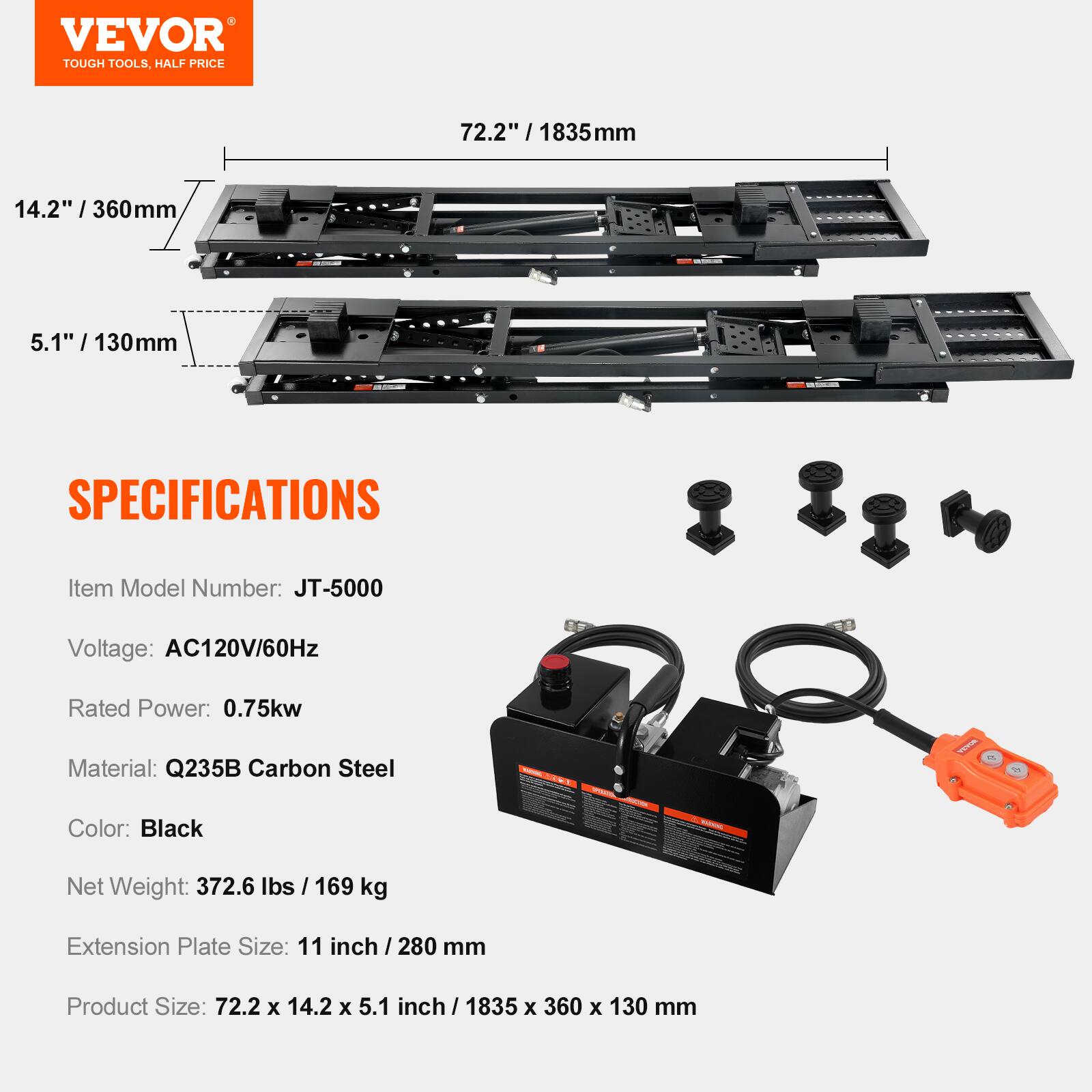 VEVOR TOUGH TOOLS, HALF PRICE

72.2" / 1835mm
14.2" / 360mm
5.1" / 130mm

SPECIFICATIONS
Item Model Number: JT-5000
Voltage: AC120V/60Hz
Rated Power: 0.75kw
Material: Q235B Carbon Steel
Color: Black
Net Weight: 372.6 lbs / 169 kg
Extension Plate Size: 11 inch / 280 mm
Product Size: 72.2 x 14.2 x 5.1 inch / 1835 x 360 x 130 mm