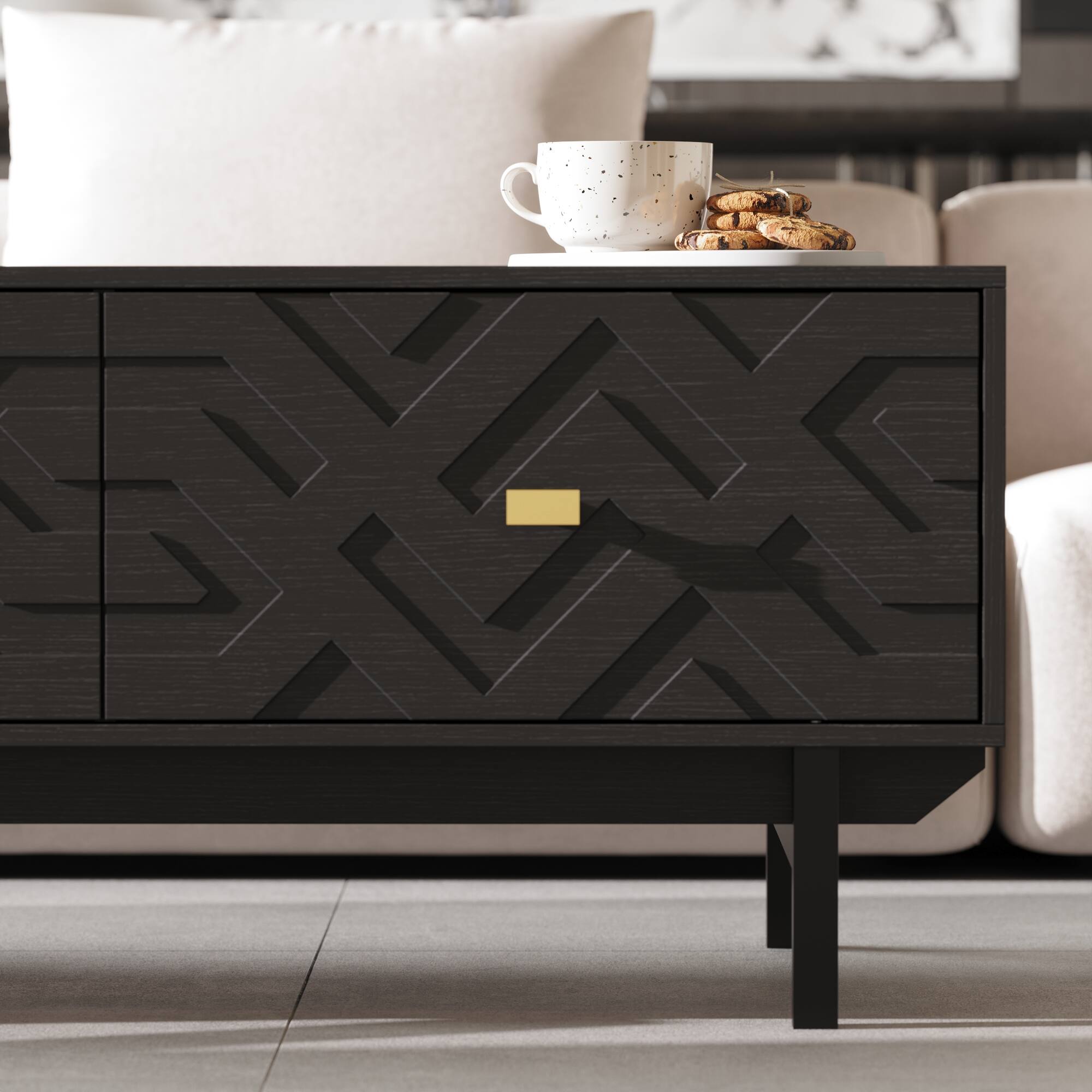 Alt View 6. FUFU & GAGA - Embossed Coffee Table with Dual Drawers and Artistic Carved Design for Living Room - Black.