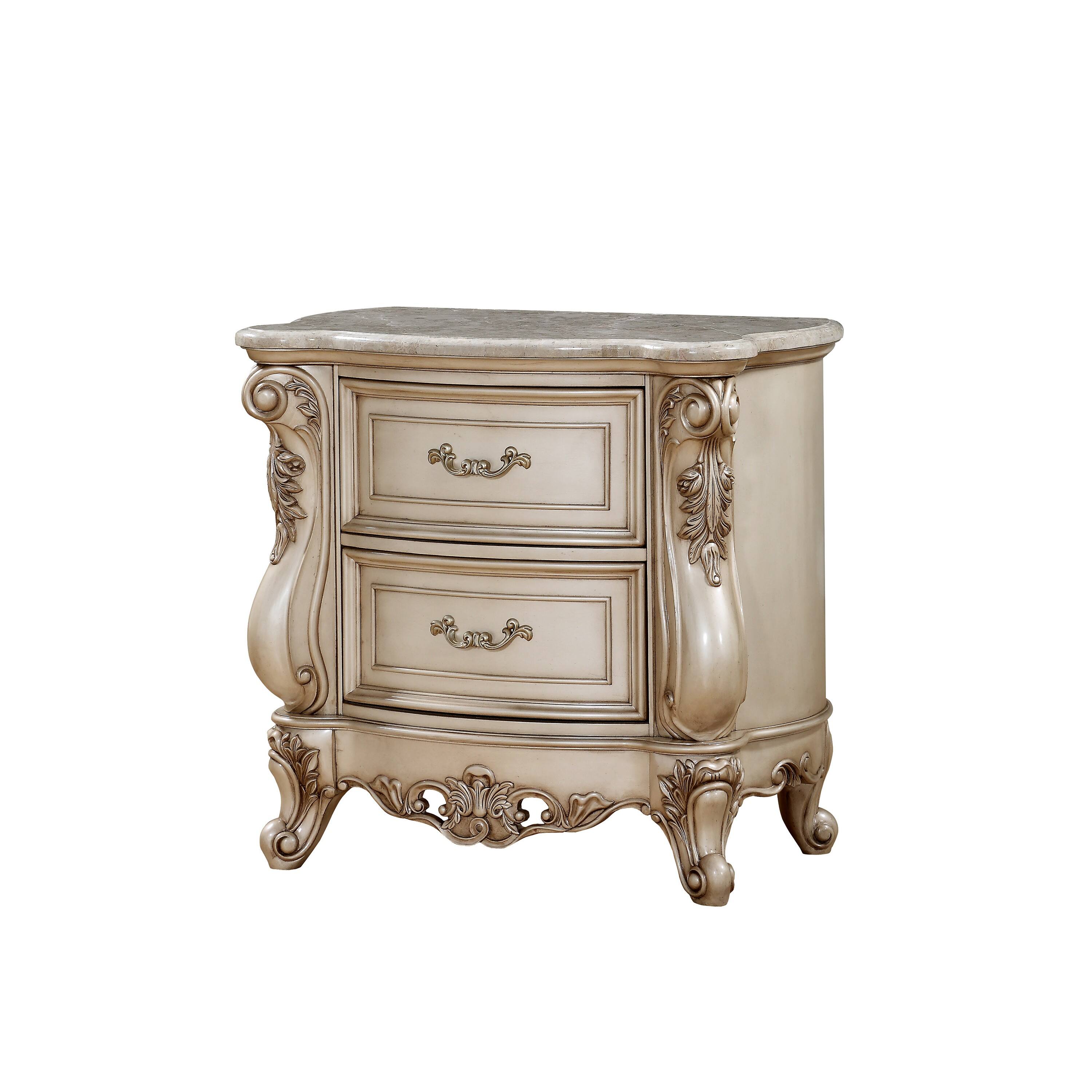 Front. Manhattan Lane - 2 Drawer Nightstand With Raised Scrolled Floral Moulding - White.