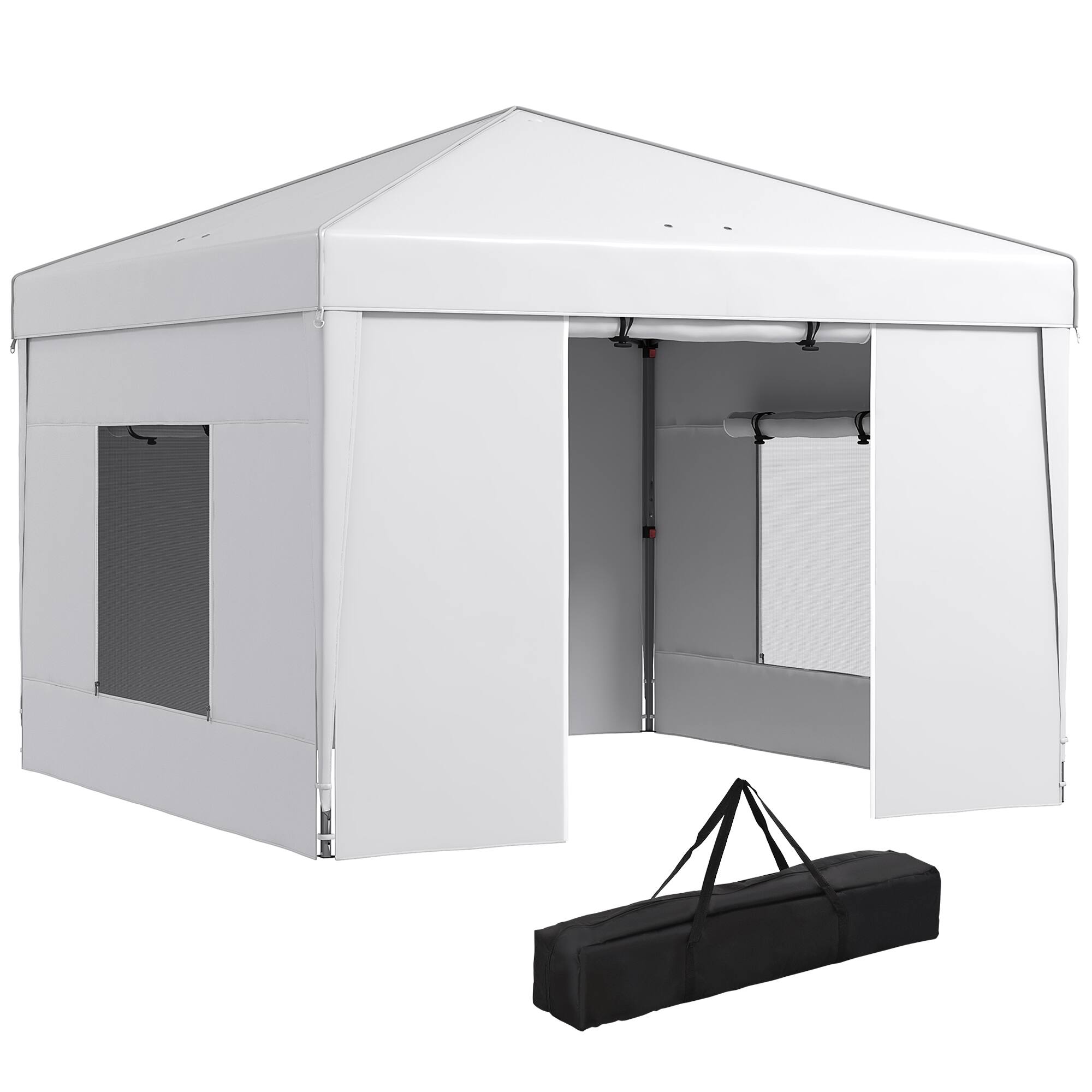 Outsunny - 9.7' x 9.7' Pop Up Canopy with Sidewalls, Portable Canopy Tent with 2 Mesh Windows - White