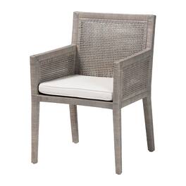 bali & pari - Karis Rattan Dining Chair with Cushion - Handwoven Wicker Armchair with Mahogany Wood Frame - French Grey