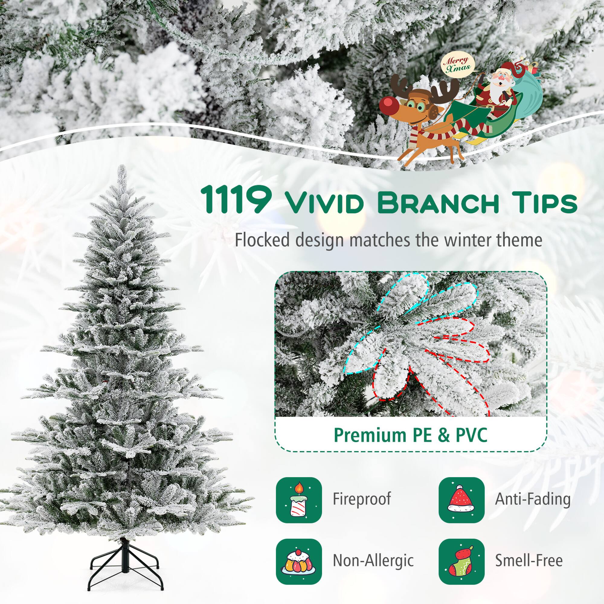 Merry Christmas, 1119 VIVID BRANCH TIPS, Flocked design matches the winter theme, Premium PE & PVC, Fireproof, Anti-Fading, Non-Allergic, Smell-Free