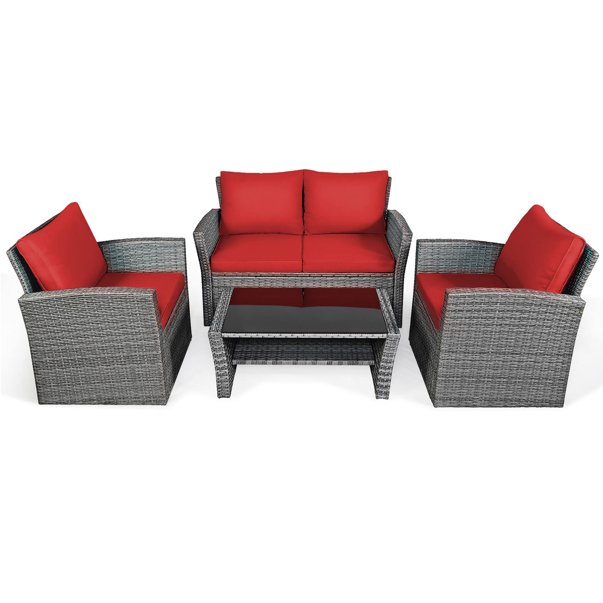 Alt View 9. Costway - Costway 4PCS Patio Rattan Furniture Set Sofa Table W/Storage Shelf Cushion - Red.