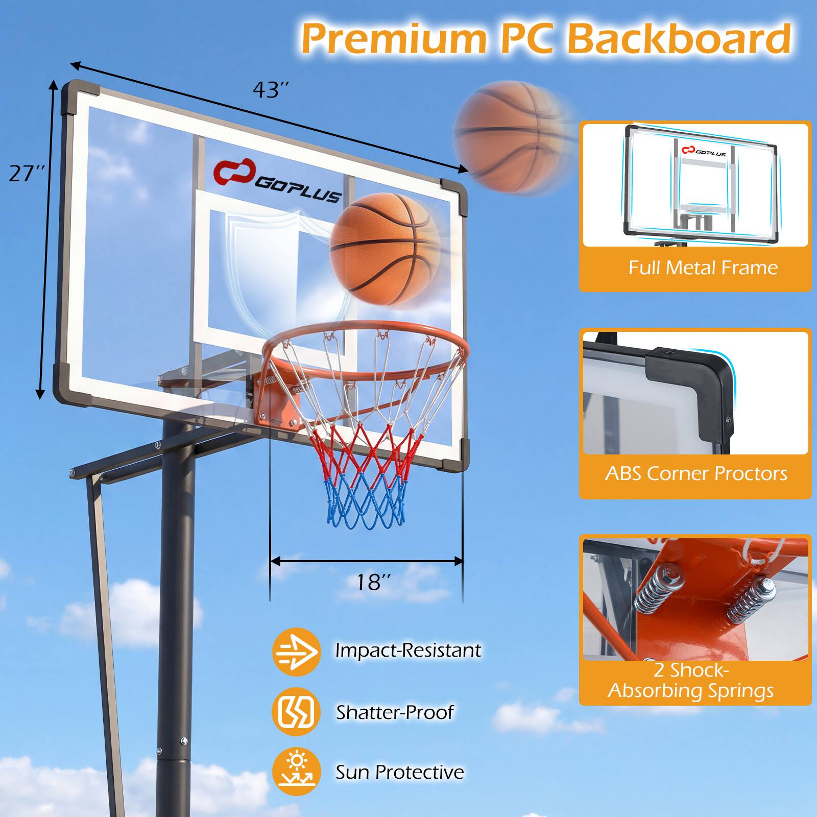 Premium PC Backboard 43" 27" GOPLUS CC Full Metal Frame ABS Corner Proctors 18" Impact-Resistant Shatter-Proof 2 Shock-Absorbing Springs Sun Protective