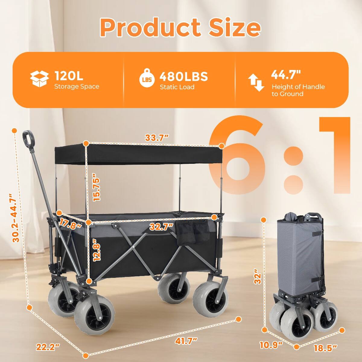 Product Size

- 120L Storage Space
- 480LBS Static Load
- Height of Handle to Ground: 44.7"

Dimensions:
- 30.2-44.7"
- 15.75" x 17.8" x 12.8"
- 33.7" x 32.7" x 32"
- 22.2" x 41.7" x 10.9"
- 18.5"