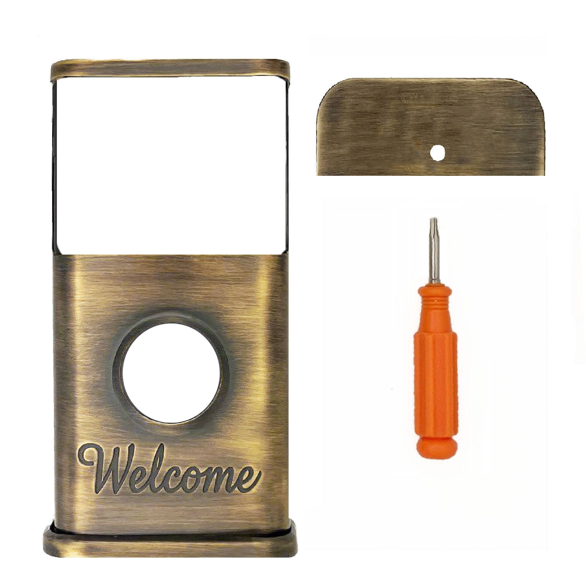 Back. Michael Healy - Welcome Video Doorbell Cover (Ring 3, 3 Plus, 4, Battery Plus, Battery Pro) - Antique Brass.