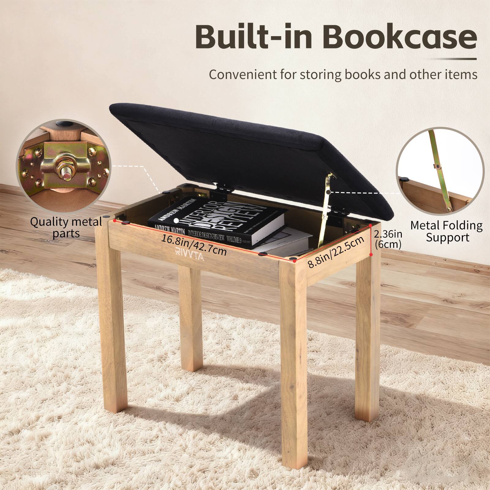 Built-in Bookcase  
Convenient for storing books and other items  

Quality metal parts  

Metal Folding Support  

16.8in/42.7cm (6cm)  
8.8in/22.5cm  
2.36in