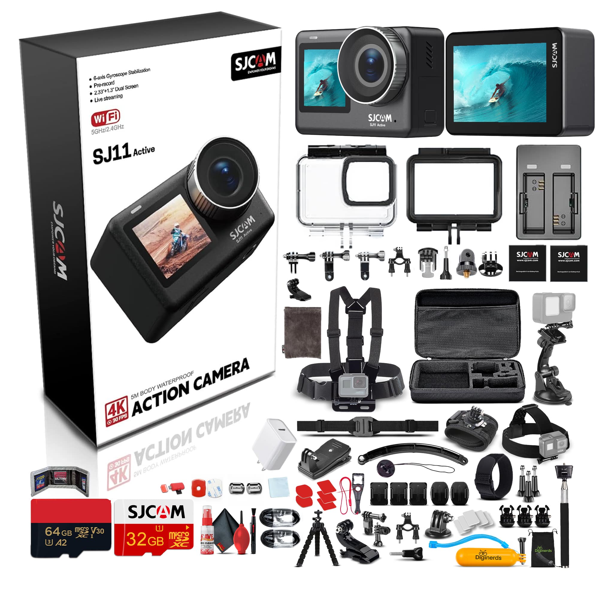 SJCAM - SJ11 Active 4K Dual Touchscreen Action Camera Accessory Bundle