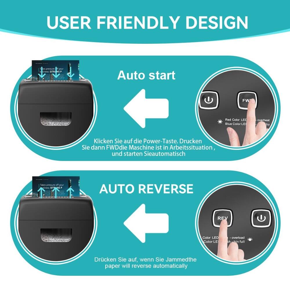 USER FRIENDLY DESIGN

Auto start
Klicken Sie auf die Power-Taste. Drücken Sie dann FWD die Maschine ist in Arbeitsituation, und starten Sie automatisch

AUTO REVERSE
Drücken Sie auf, wenn Sie Jammed the paper will reverse automatically