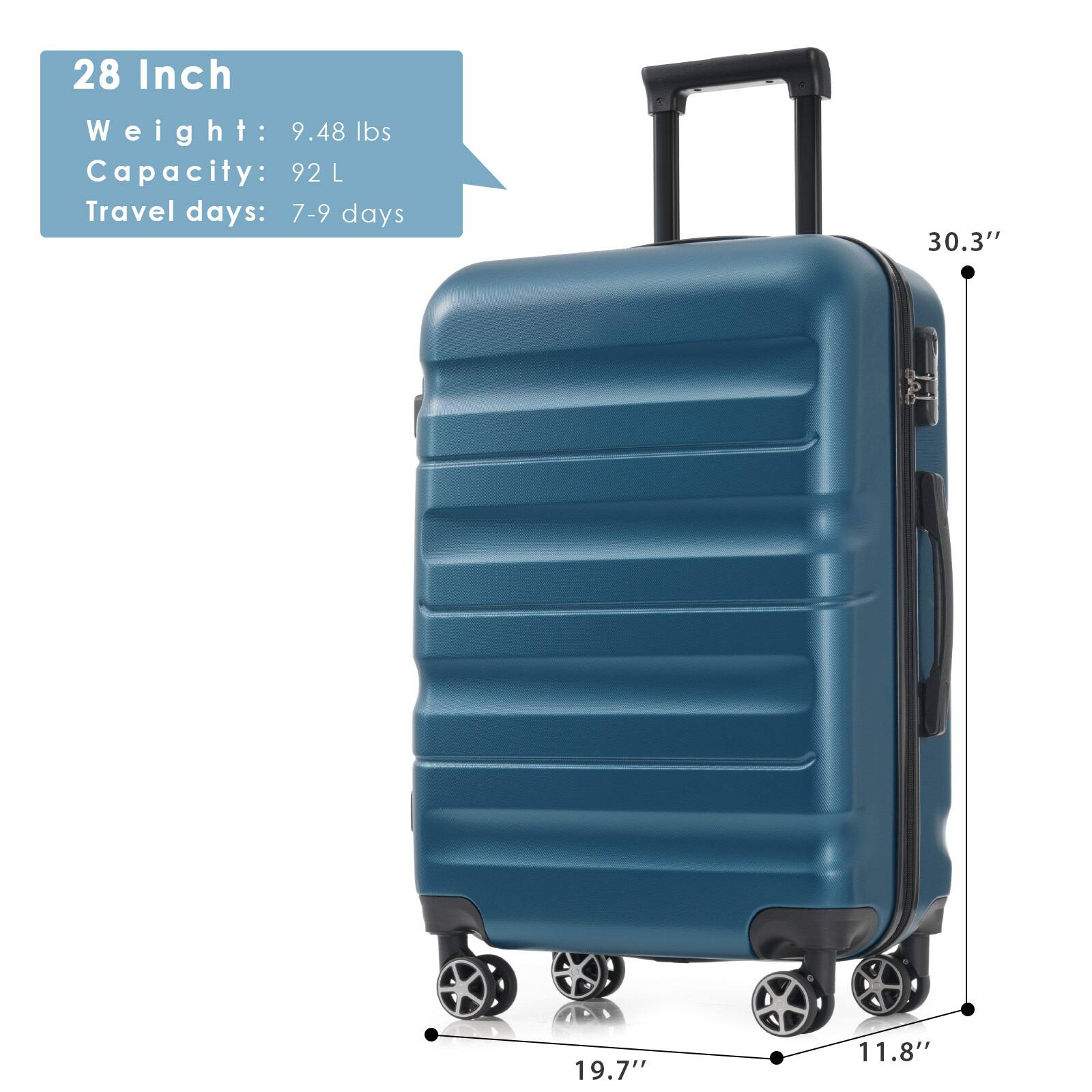 28 Inch  
Weight: 9.48 lbs  
Capacity: 92 L  
Travel days: 7-9 days  

Dimensions:  
Height: 30.3"  
Width: 19.7"  
Depth: 11.8"