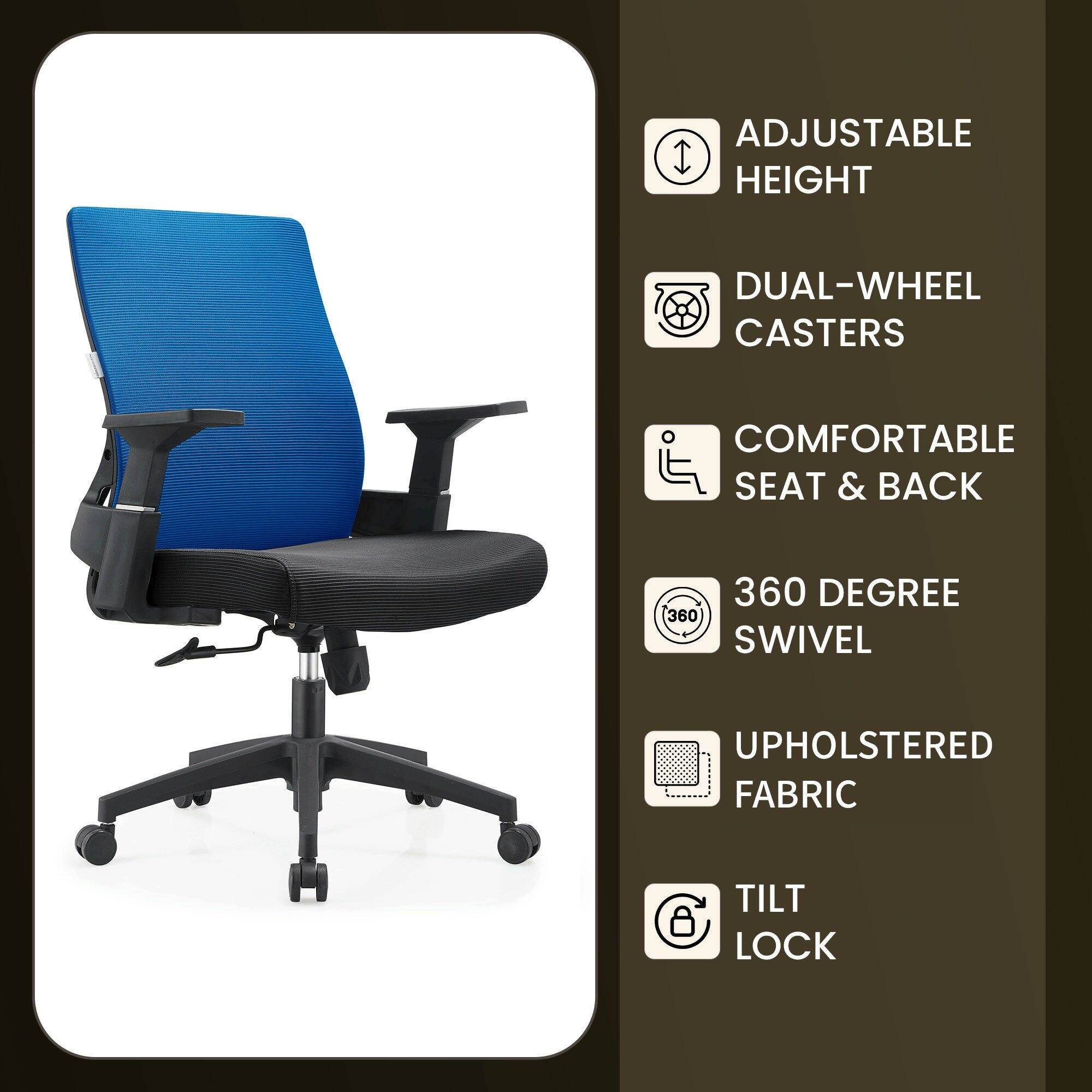 - Adjustable Height
- Dual-Wheel Casters
- Comfortable Seat & Back
- 360 Degree Swivel
- Upholstered Fabric
- Tilt Lock