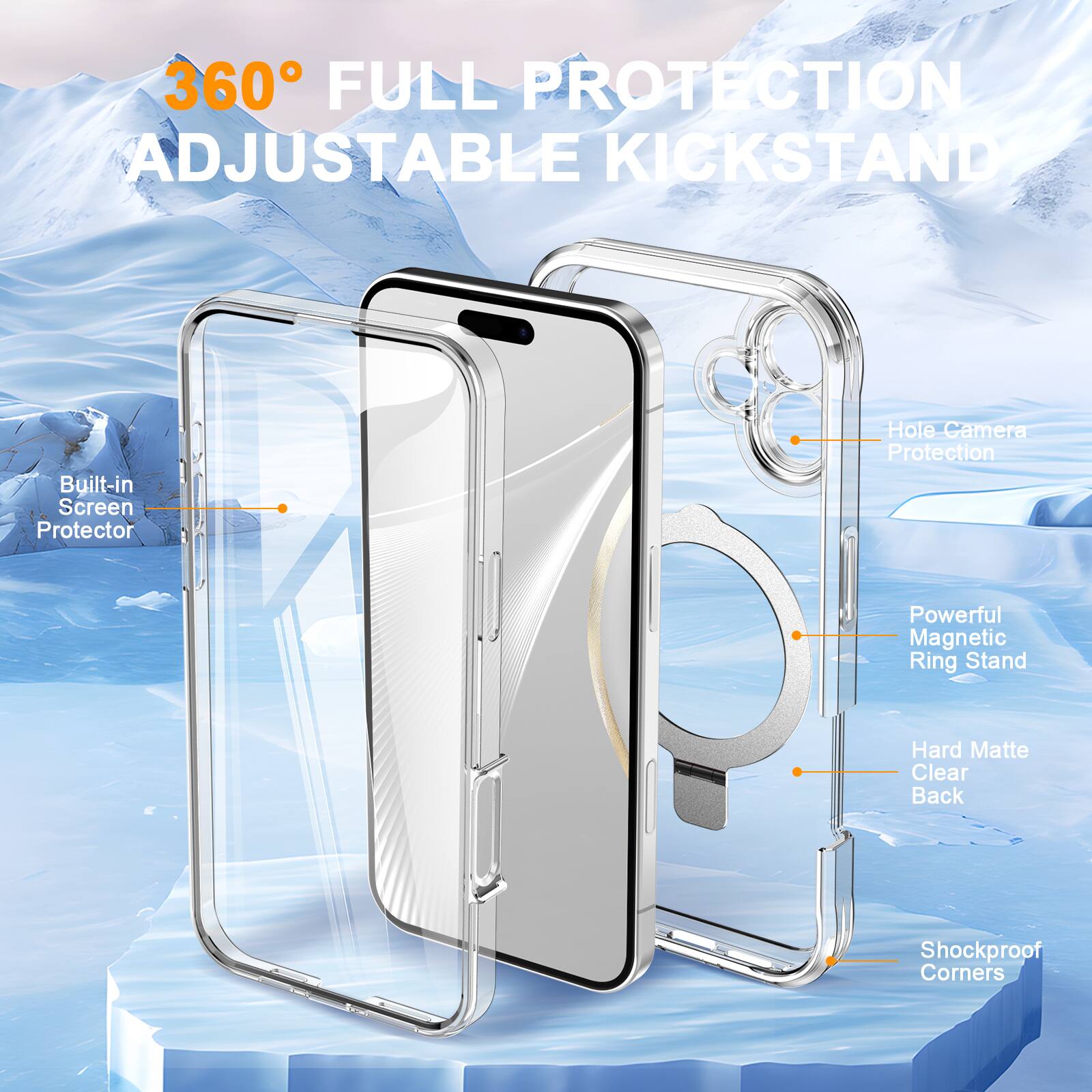 360° FULL PROTECTION ADJUSTABLE KICKSTAND

- Built-in Screen Protector
- Hole Camera Protection
- Powerful Magnetic Ring Stand
- Hard Matte Clear Back
- Shockproof Corners