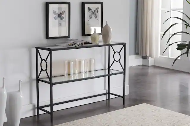 Front. Kings Brand Furniture - Kings Brand Furniture Loyd Metal with Glass Shelf Console Table - Black.