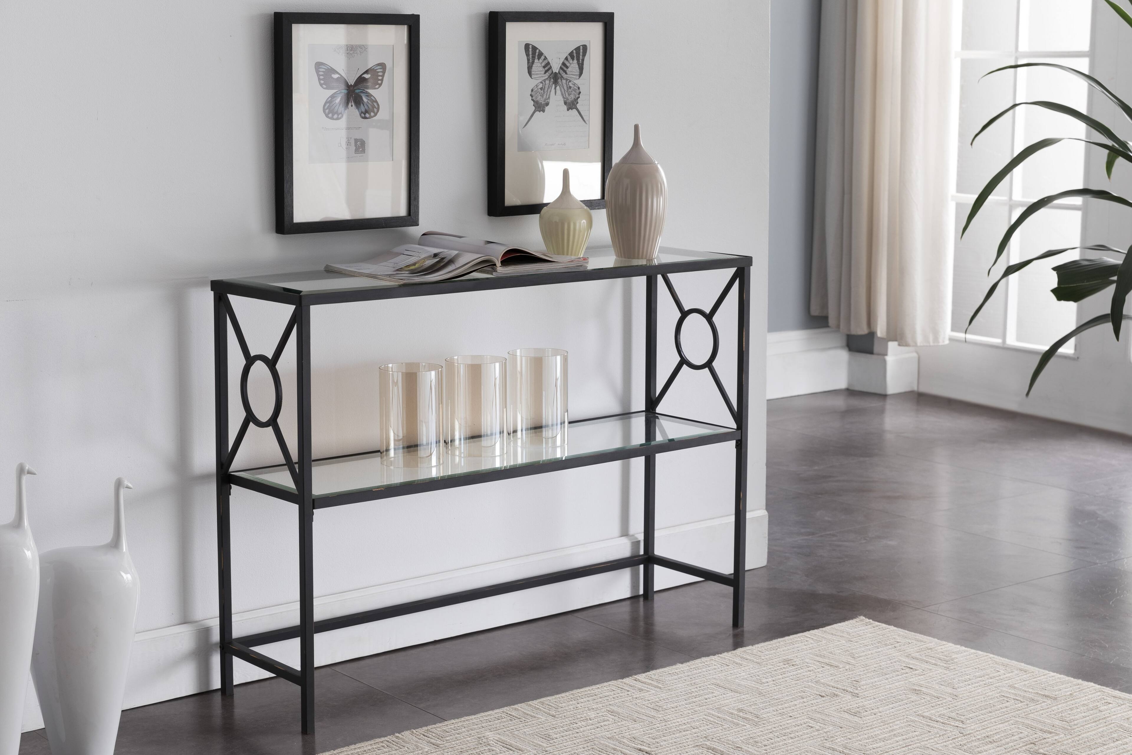 Front. Kings Brand Furniture - Kings Brand Furniture Loyd Metal with Glass Shelf Console Table - Black.