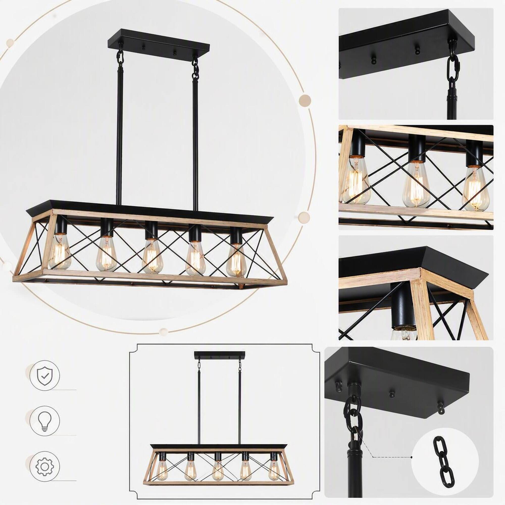 Alt View 1. RYHNUYNE - 32-Inch Oak Finish Industrial 5-Light Pendant Chandelier, Modern Cage Metal Shade, Adjustable Height for Dining Room.