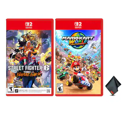 Sure, here is the corrected and grouped text from the image:
**Left Game Case:**
- Nintendo Switch
- STREET FIGHTER V YEARS 1-2 FIGHTERS EDITION
- CAPCOM
- TEEN AUDIENCES
- ESRB
- GAME-KEY CARD
- TABLITA DE JUEGO
- www.capcom.com
- www.nintendo.com
**Right Game Case:**
- Nintendo Switch
- MARIOKART WORLD
- EVERYONE 10+
- ESRB
**Additional Text:**
- TrL gUF 0D2 D NINTENDO SWITCH 0D2 NINTENDO SWITCH MARIOKART WORLD STREET FIGHTER YEARS 1-2 FIGHTERS EDITION CAPCOM T GAME-KEY CARD
- ESRB
- SAVE - T (Teen 13+)