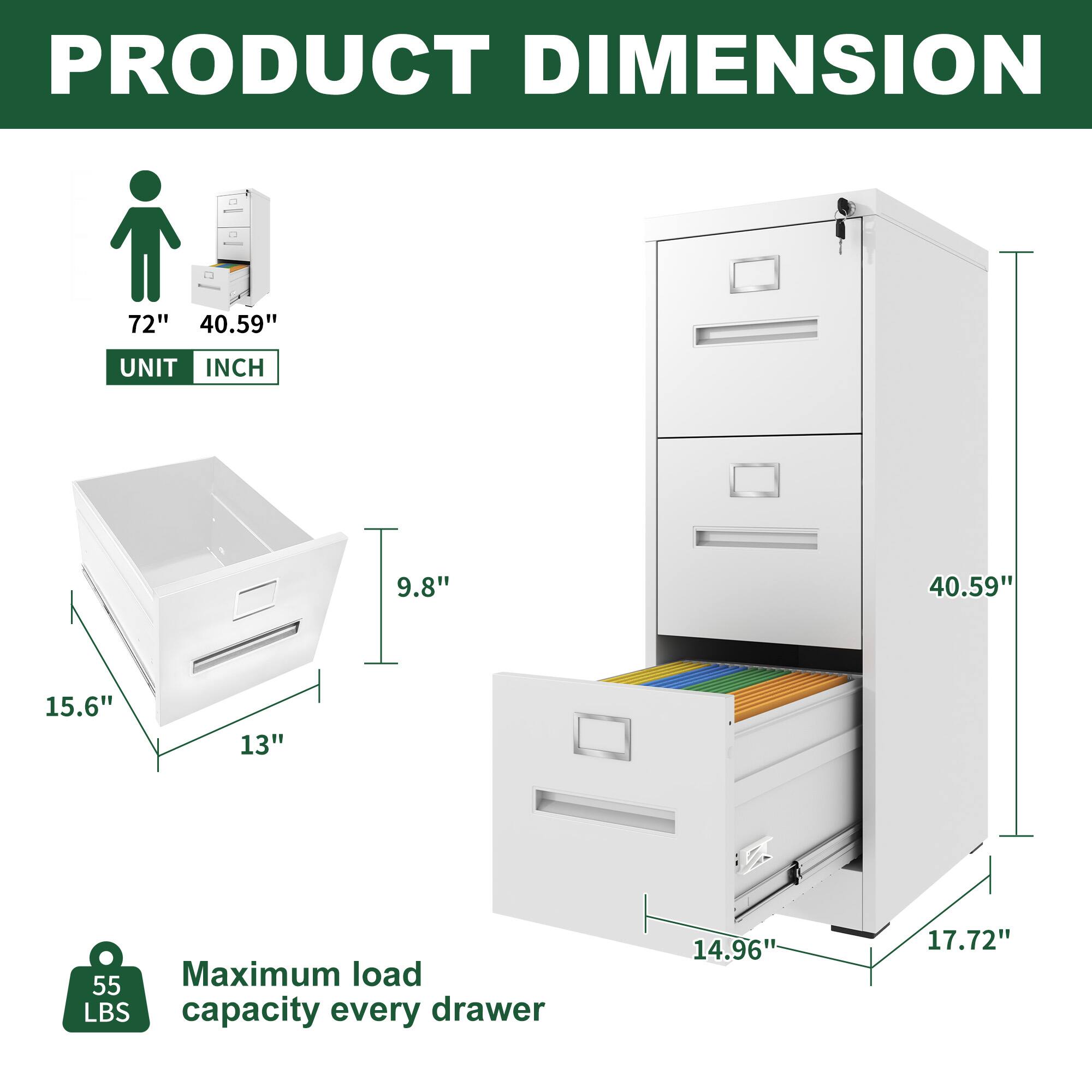PRODUCT DIMENSION

UNIT INCH

72" 40.59"

15.6" 13" 9.8"

40.59" 17.72" 14.96"

Maximum load capacity every drawer 55 LBS