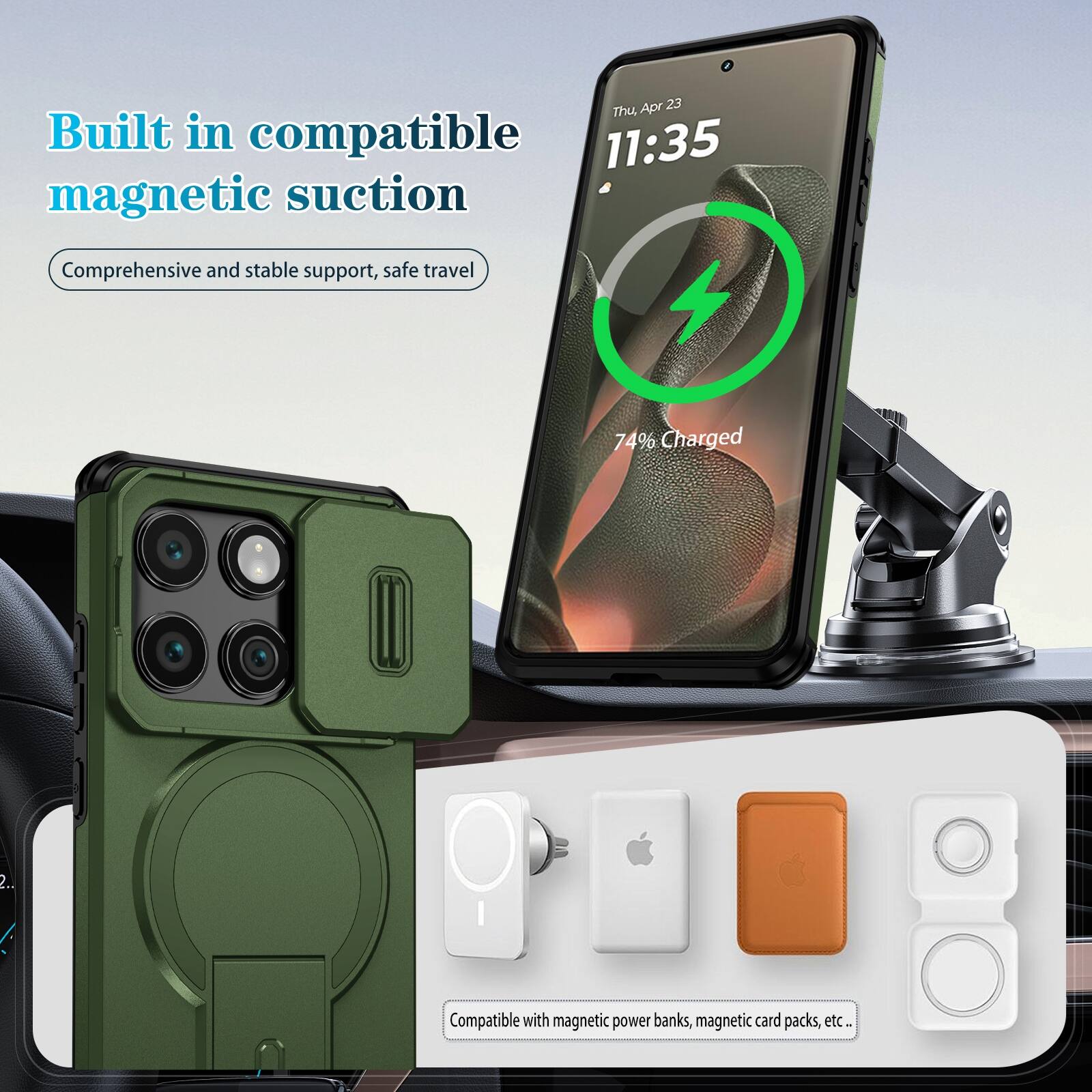 Apr 23 Thu Built in compatible magnetic suction Comprehensive and stable support, safe travel 74% Charged 2. Compatible with magnetic power banks, magnetic card packs, etc.
