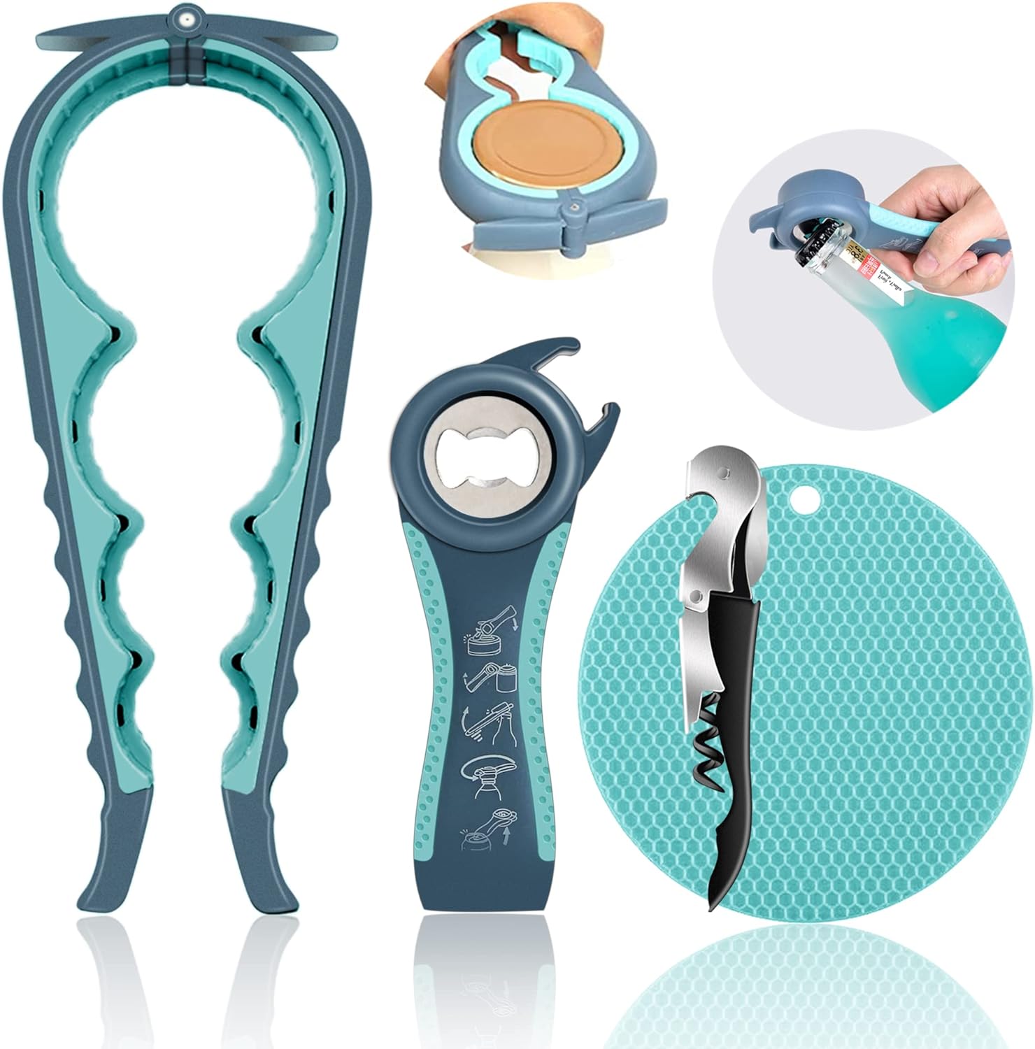 PARKER SLATER - 5-in-1 Jar & Bottle Opener for Weak Hands, Non-Slip Rubber - Blue