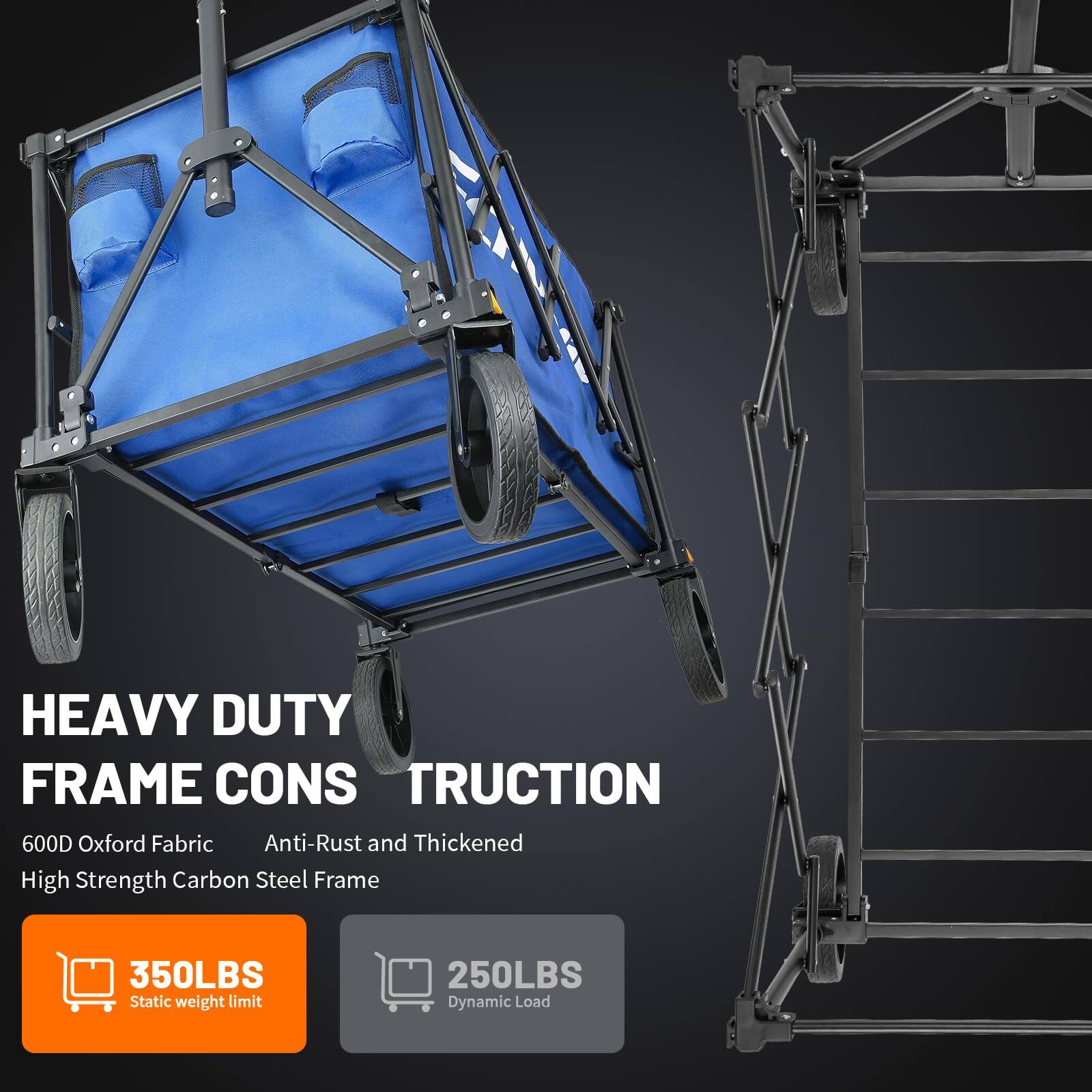 HEAVY DUTY FRAME CONSTRUCTION

- 600D Oxford Fabric
- Anti-Rust and Thickened High Strength Carbon Steel Frame
- 350LBS Static weight limit
- 250LBS Dynamic Load
