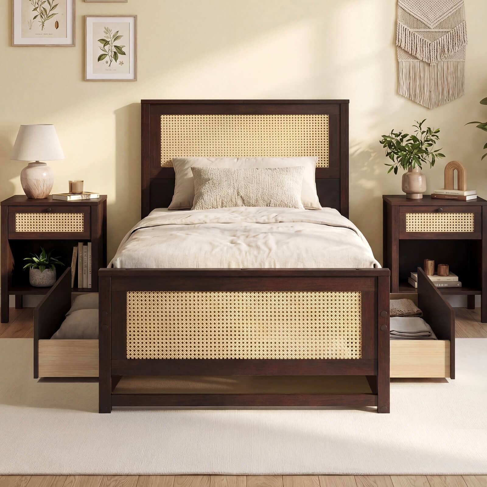 Alt View 3. Costway - Costway Twin Size Rattan Bed Frame with Storage Drawers, Rattan Woven Headboard & Footboard - Espresso.