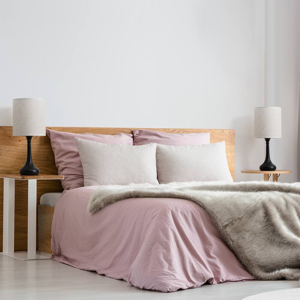 Alt View 2. Oumilen - Curved Black Metal Table Lamp with Natural Linen Cylinder Shade.