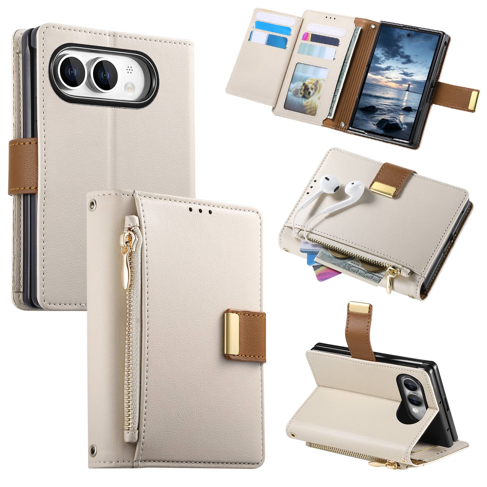 Front. UUCOVER - Magnetic Zipper Wallet Case for Apple iPhone Duo,Shockproof Leather+PC Card Slots Pocket Case Stand Cover - Beige.