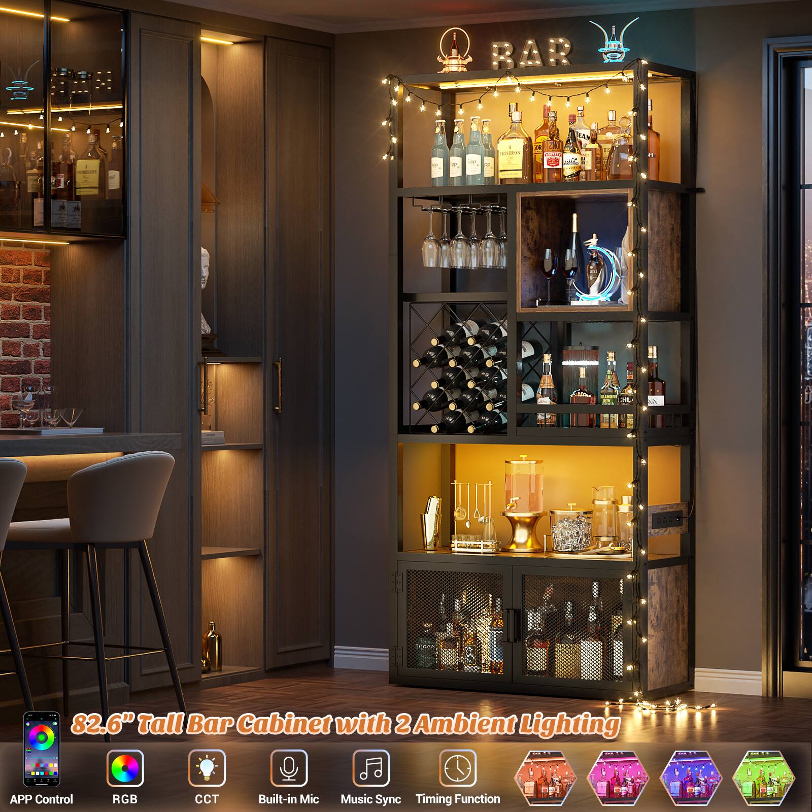 BAR

82.6" Tall Bar Cabinet with 2 Ambient Lighting - 1 - APP Control RGB CCT Built-in Mic Music Sync Timing Function
