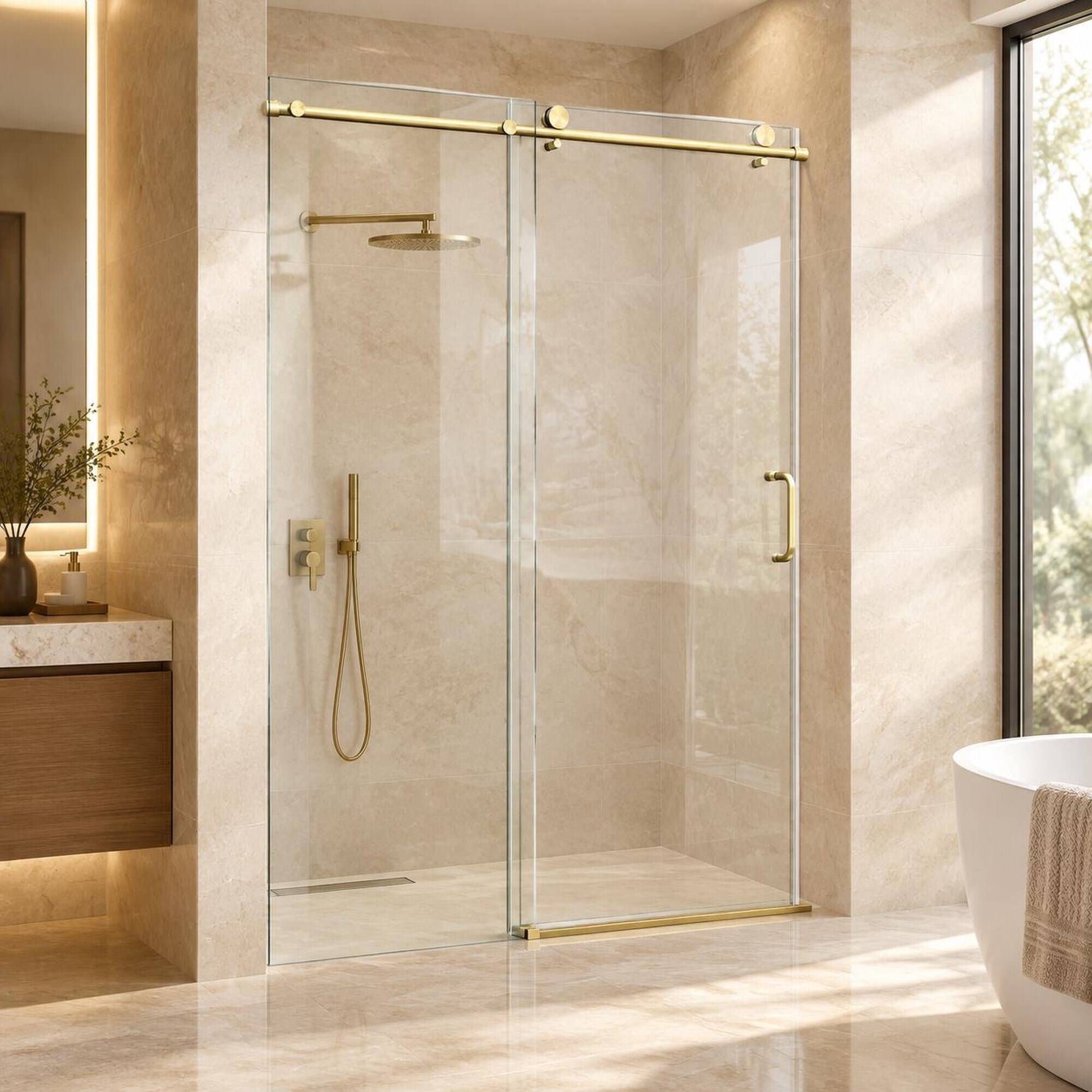 Alt View 5. RYHNUYNE - 56-60 In W X 76 In H Single Sliding Shower Door, 1/4 In Clear Tempered Glass Brushed Gold Finish - Brushed Gold.