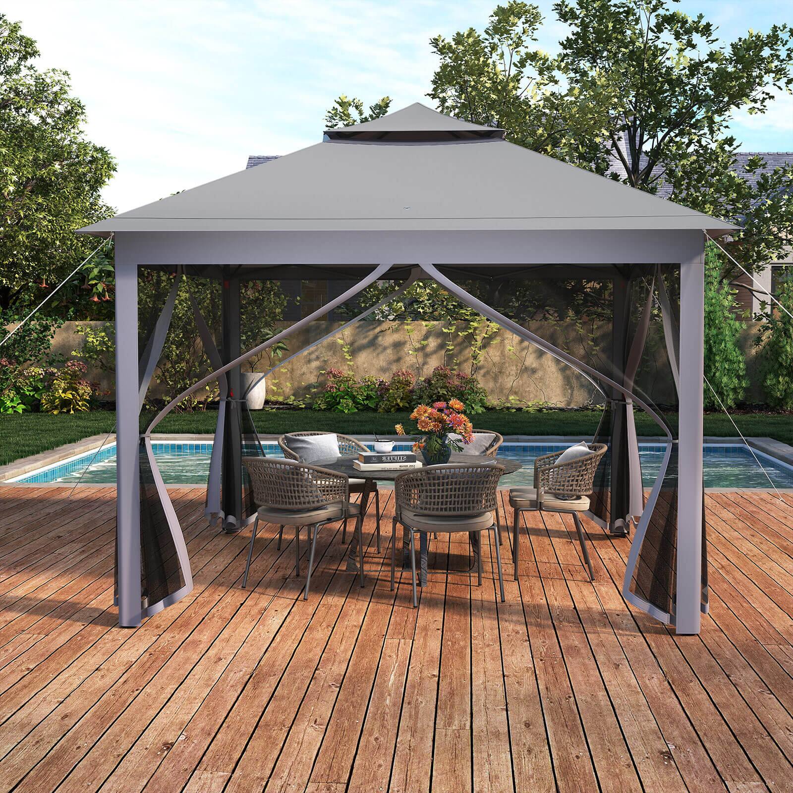 Alt View 4. Costway - Costway 11 ft × 11 ft Pop up Gazebo with Mesh Netting Sidewalls, Vented Top, Drainage Holes - Gray.
