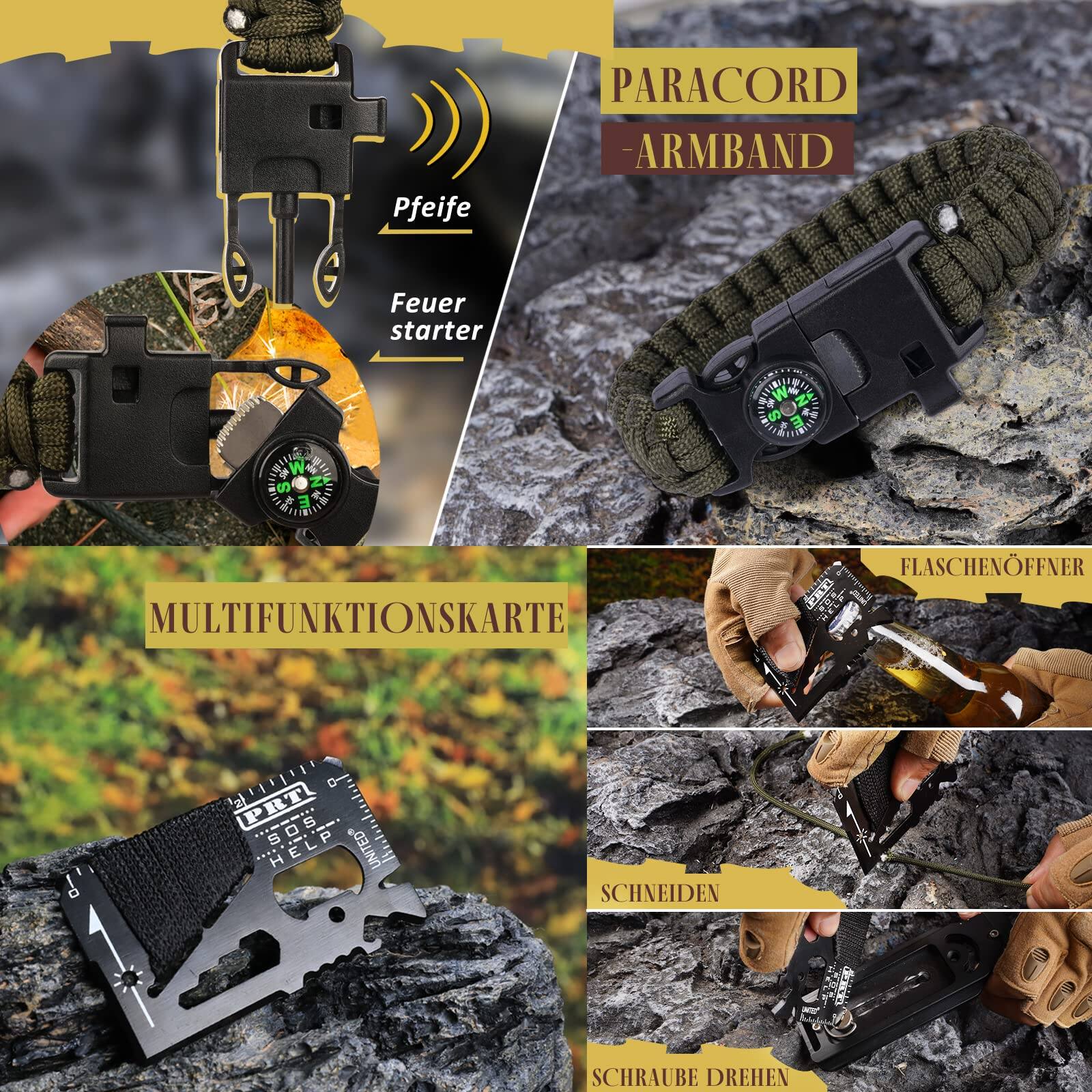 Pfeife  
Feuerstarter  

PARACORD ARMBAND  

MULTIFUNKTIONSKARTE  

FLASCHENOFFNER  

SCHNEIDEN  

SCHRÄUBE DREHEN
