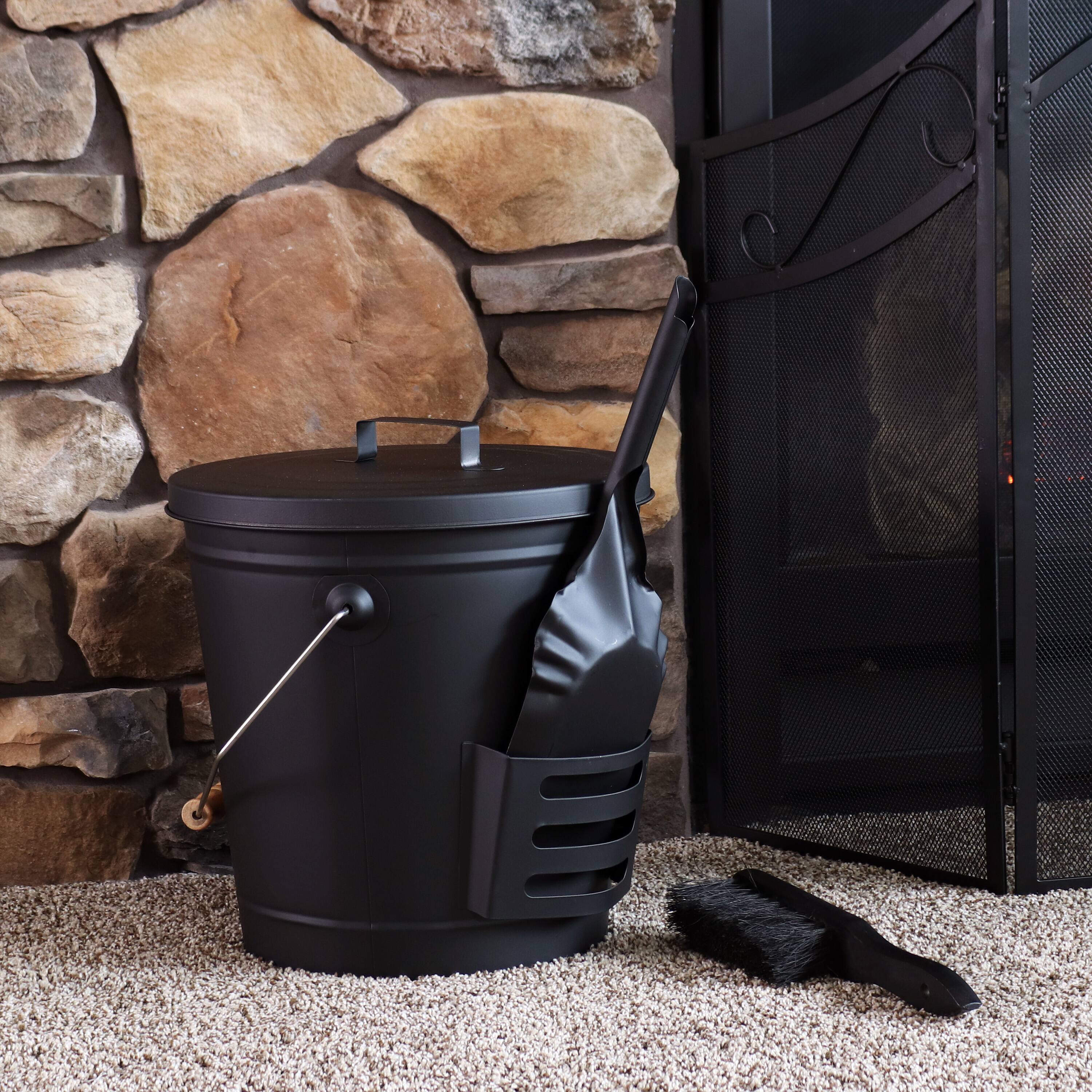 Alt View 3. Sunnydaze - Powder-Coated Steel Fireplace Ash Bucket with Lid, Shovel, Brush - Black.