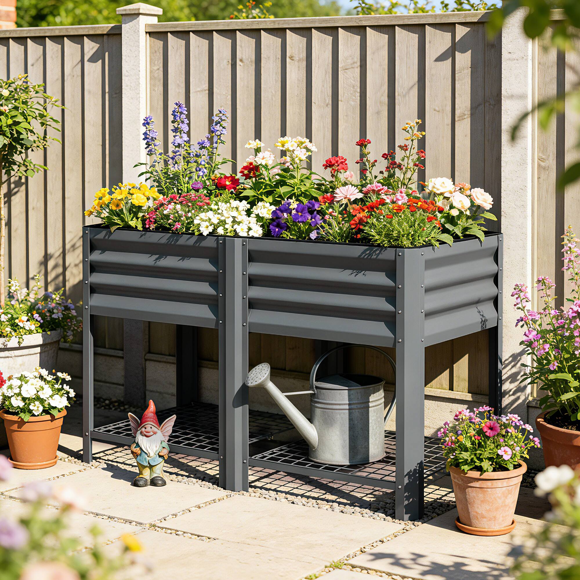 Alt View 1. Outsunny - Garden Bed Galvanized Steel, Elevated Planter Box with Storage Shelf, Bed Liner, 31.5" High - Dark Gray.