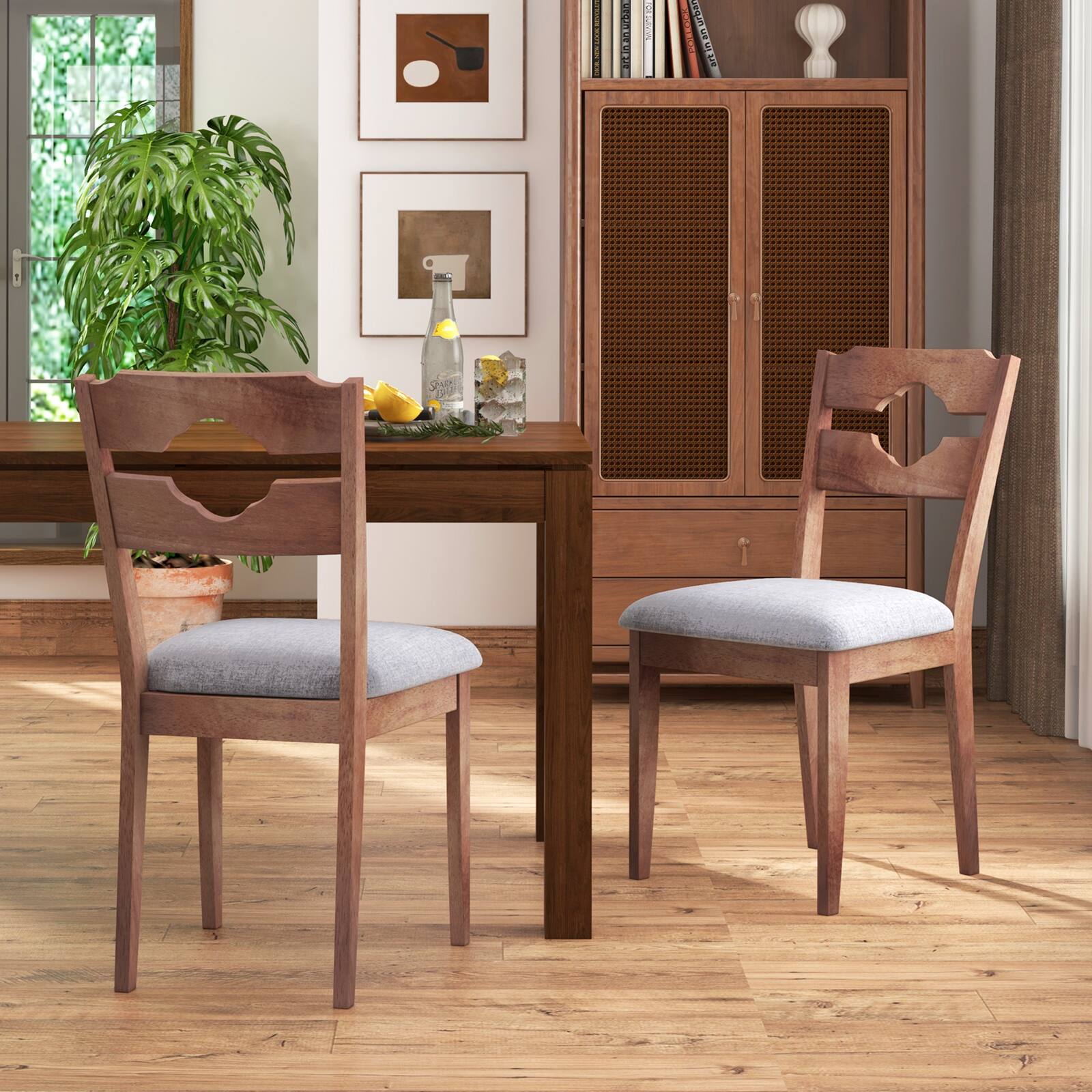 Alt View 1. Costway - Costway Dining Chair Set of 2 w/ Padded Seat High Back Rubber Wood Frame Kitchen Chairs - Brown,Grey.
