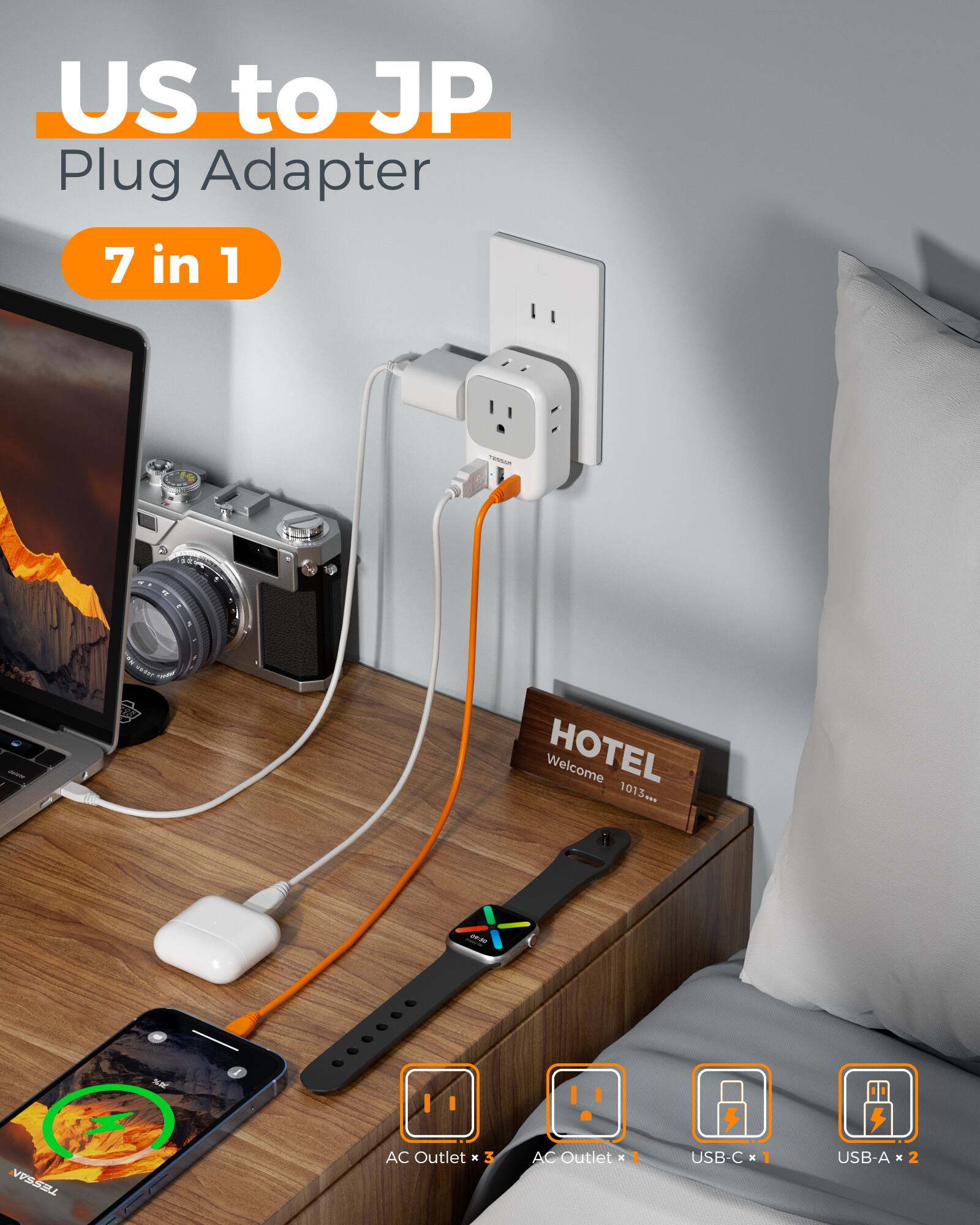 US to JP Plug Adapter 7 in 1

Welcome HOTEL 1013.0

- AC Outlet x 3
- USB-C x 1
- USB-A x 2