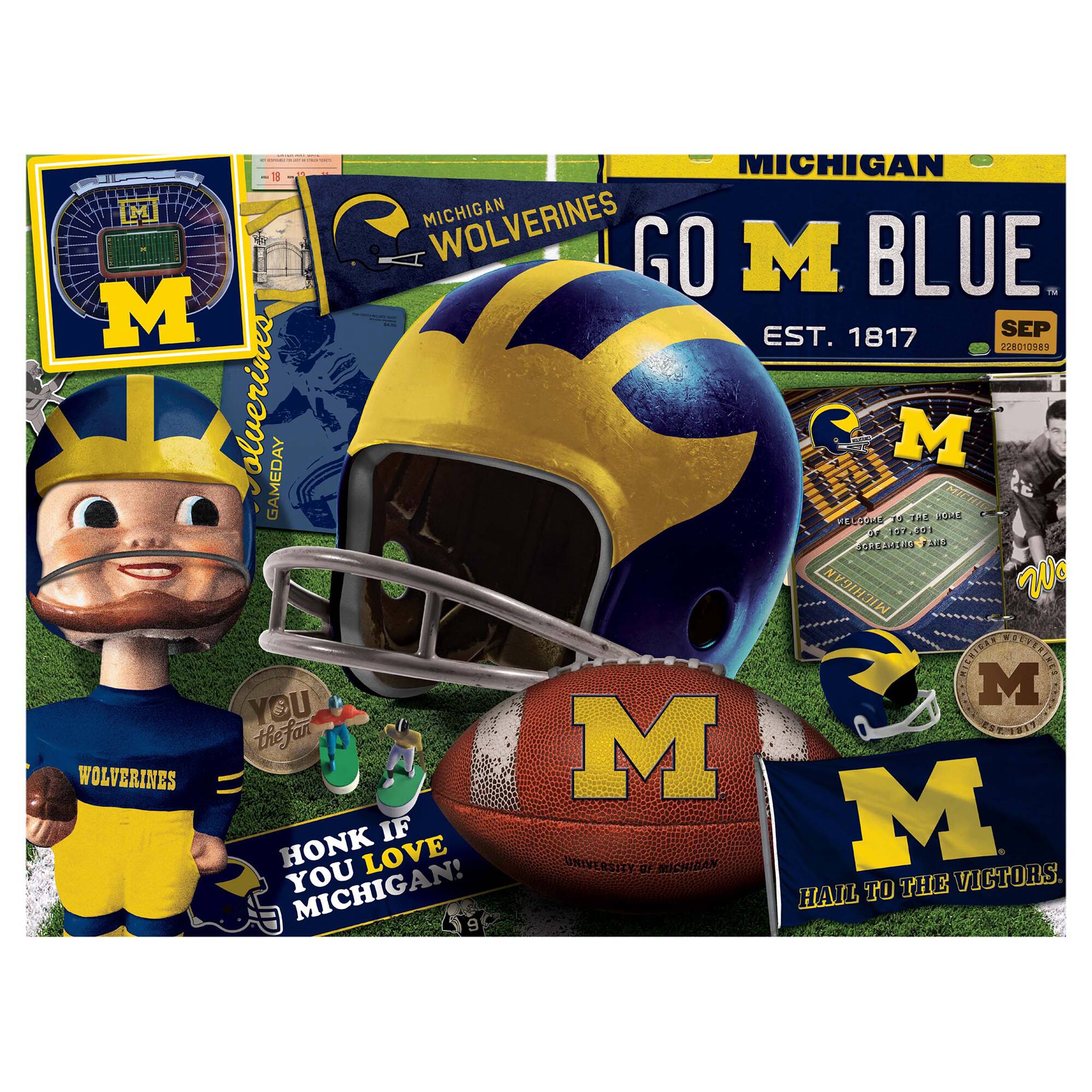 MICHIGAN WOLVERINES  
GO M BLUE  
EST. 1817  

MICHIGAN WOLVERINES  
GAMEDAY  

HONK IF YOU LOVE MICHIGAN!  

WELCOME TO THE HOME OF THE WOLVERINES  
SEP 22801089  

YOU THE FAN  

HAIL TO THE VICTORS  

MICHIGAN WOLVERINES