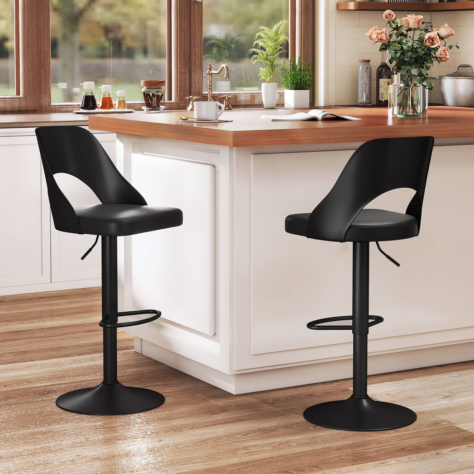 Alt View 1. Gymax - Gymax Bar Stools Set of 4 w/Enlarged PU Leather Seat Footrest Swivel Bar Chairs Black - Black.