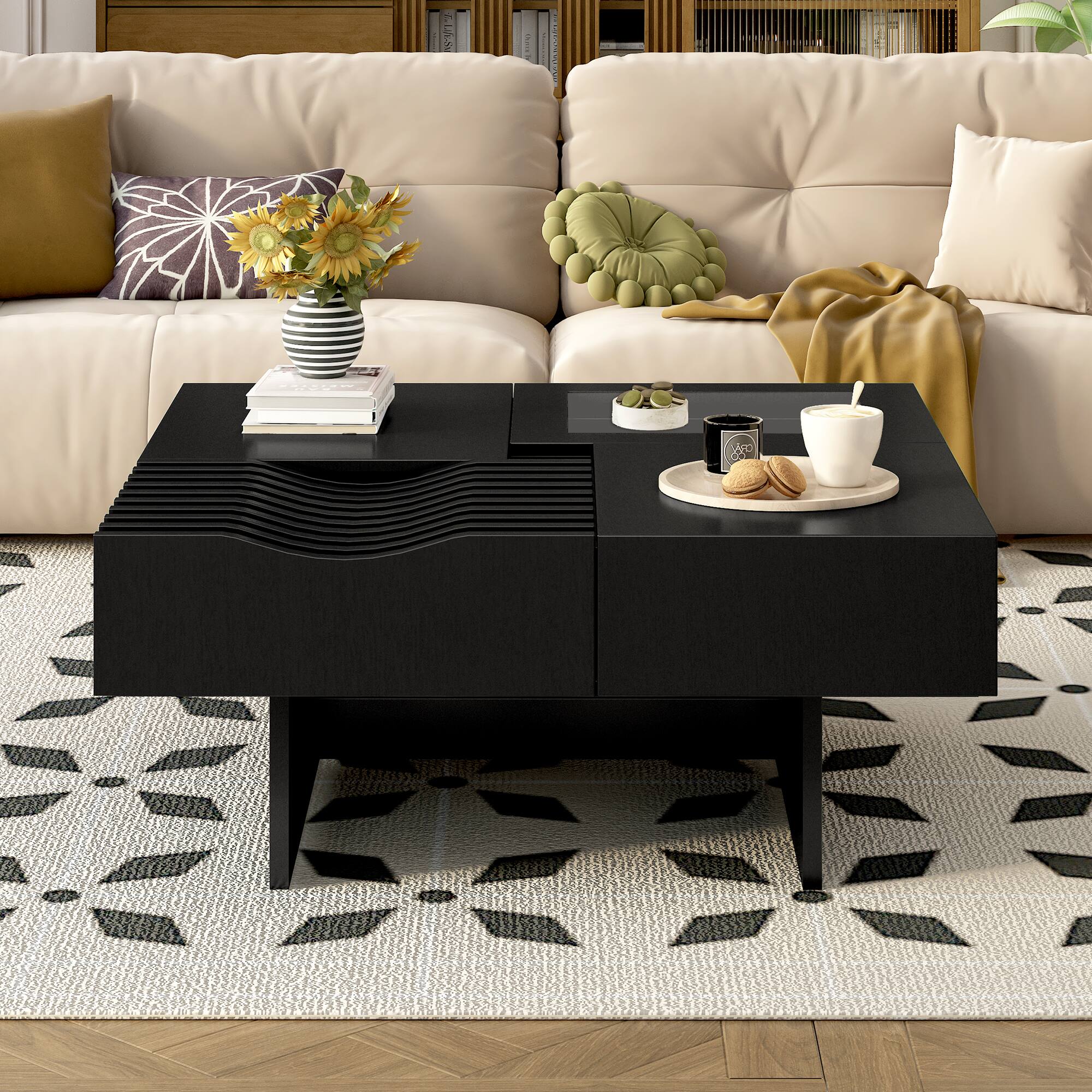 Left. Tiramisubest - 33" Mid Century Modern Coffee Table,Unique Square Wooden Coffee Table with 3 Drawers,Tempered glass and Solid Wood Legs - Black.