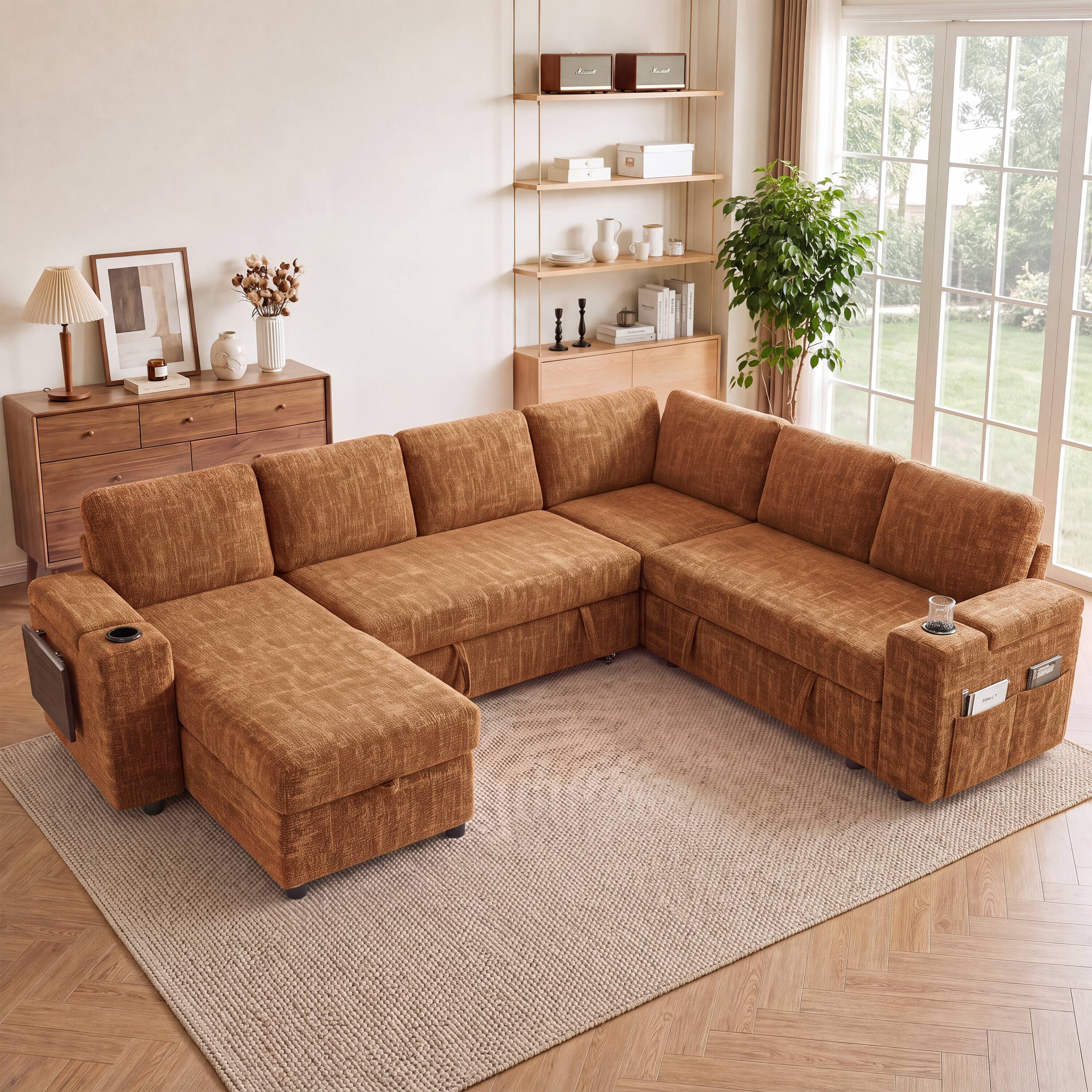 Angle. Dyonery - 110" Sleeper Sofa with Pull Out Bed, L-Shaped Couch with Reclining Backrest/USB Ports/Cup Holder/Side Table/Storage - Orange.
