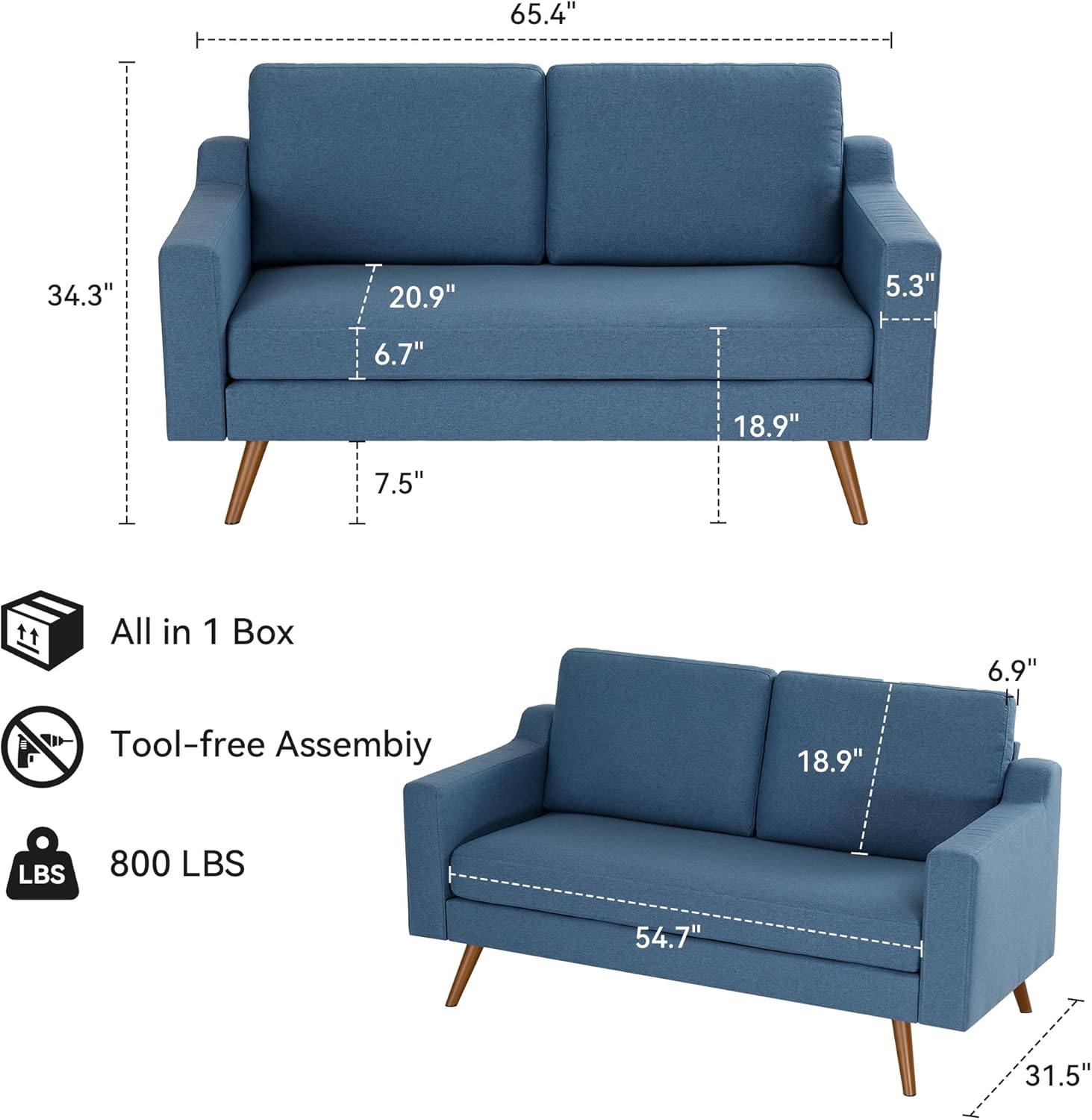 65.4"  
34.3"  
20.9"  
5.3"  
6.7"  
18.9"  
7.5"  
4"  

All in 1 Box  
Tool-free Assembly  
800 LBS  

54.7"  
31.5"  
6.9"