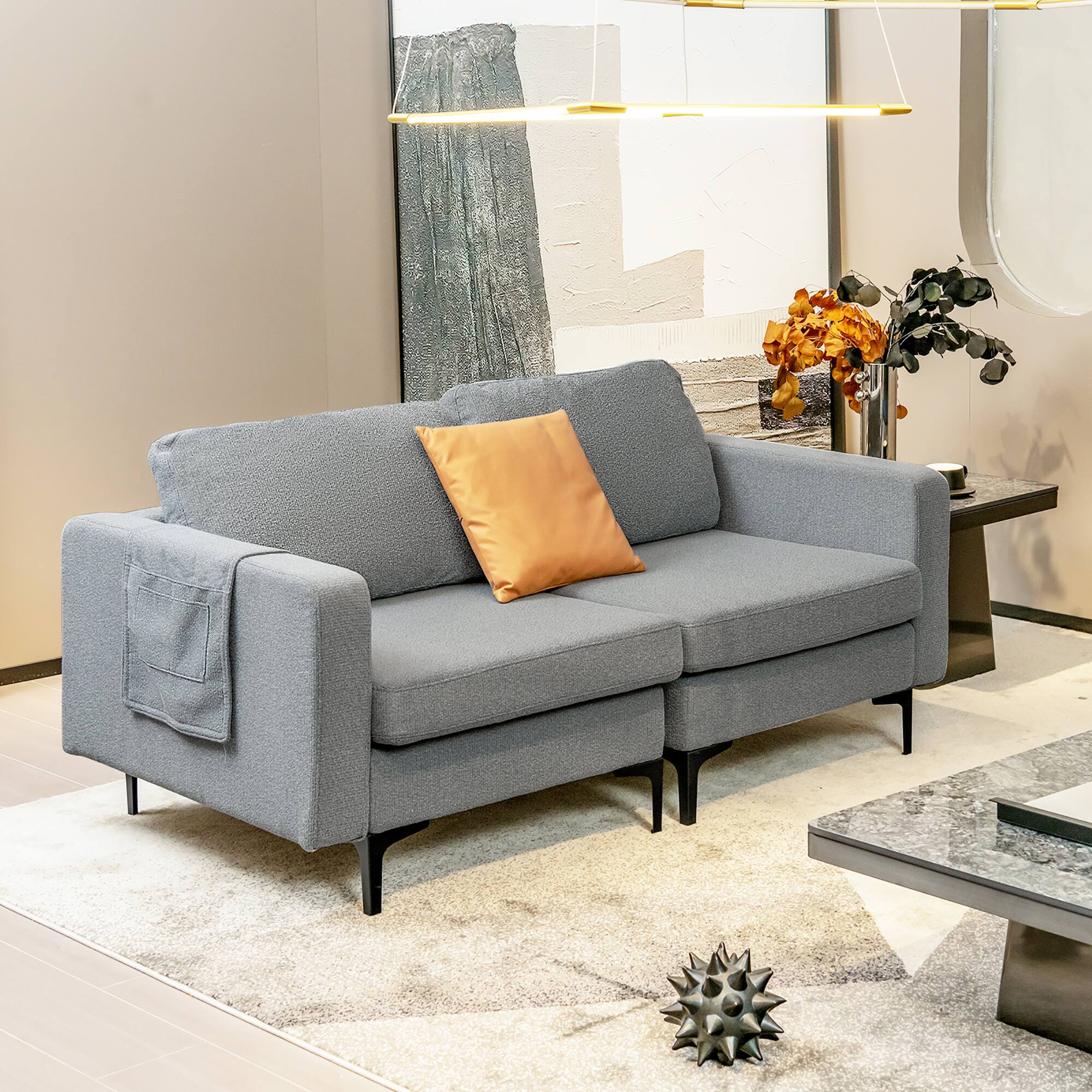 Alt View 1. Costway - Costway Modern Loveseat Linen Fabric 2-Seat Sofa Couch w/ Side Storage Pocket - Dark Grey.