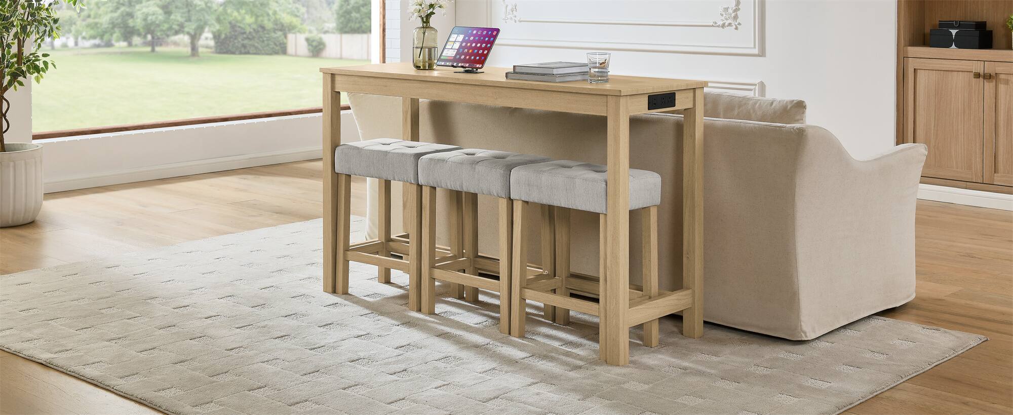 Alt View 2. APRILSOUL - 59 Inch Bar Table Dining Table Sofa Table Power Outlet 3 Upholstered Stools 4 Piece Set - White.