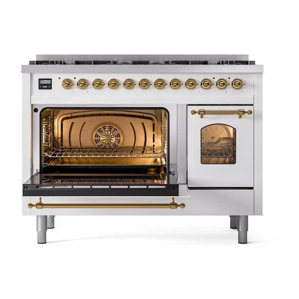 Alt View 4. ILVE - ILVE Nostalgie II 48 inch Dual Fuel Range with 8 Black Brass Sealed Burners (Limited Edition) (White, Brass) - White.