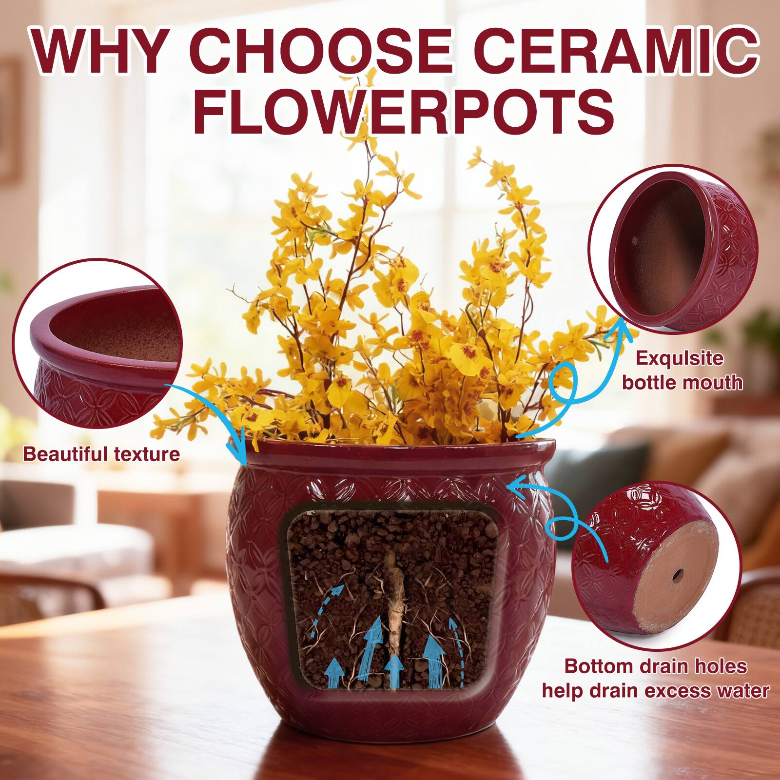 WHY CHOOSE CERAMIC FLOWERPOTS

- Exquisite bottle mouth
- Beautiful texture
- Bottom drain holes help drain excess water