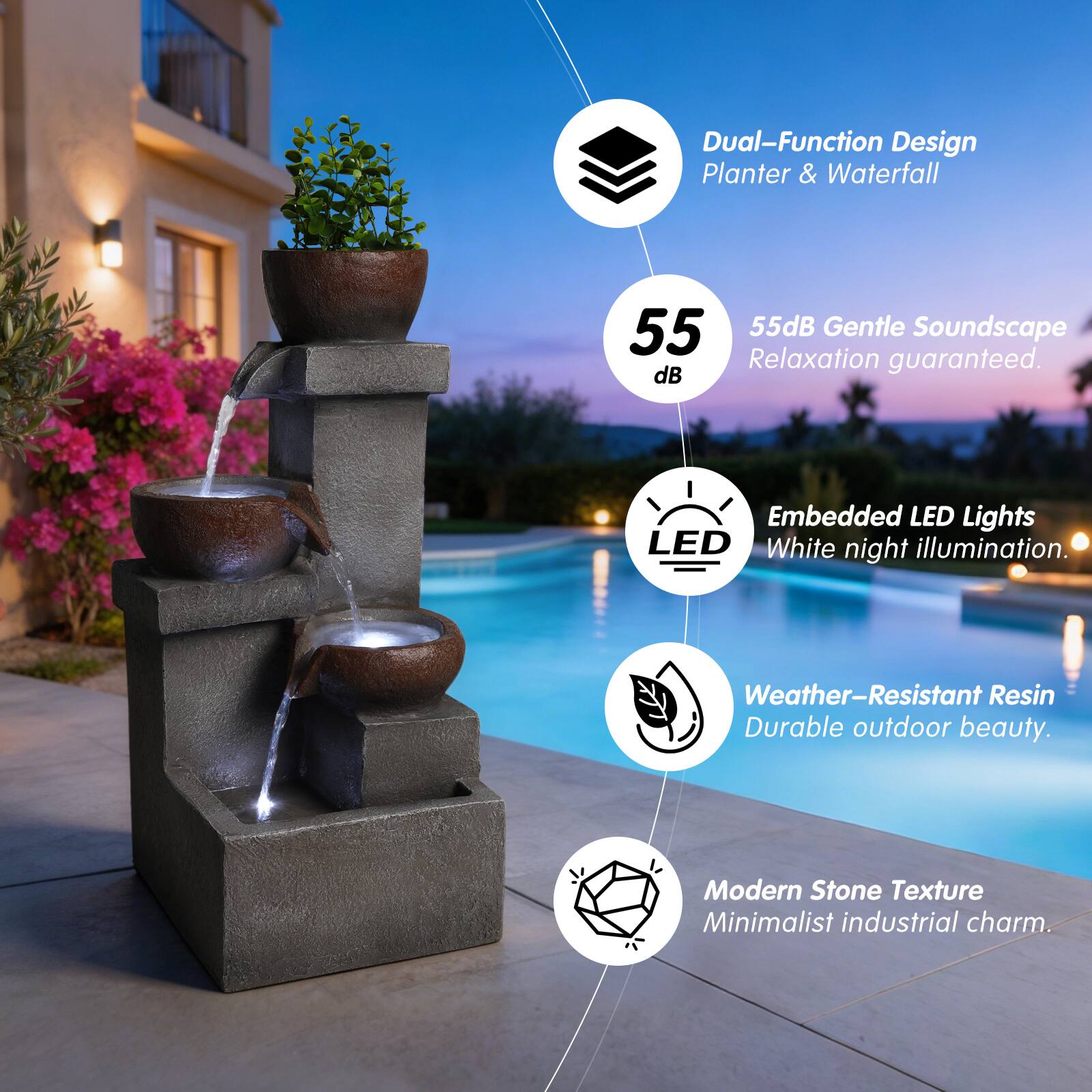 Dual-Function Design Planter & Waterfall  
55dB Gentle Soundscape Relaxation guaranteed.  
Embedded LED Lights White night illumination.  
Weather-Resistant Resin Durable outdoor beauty.  
Modern Stone Texture Minimalist industrial charm.