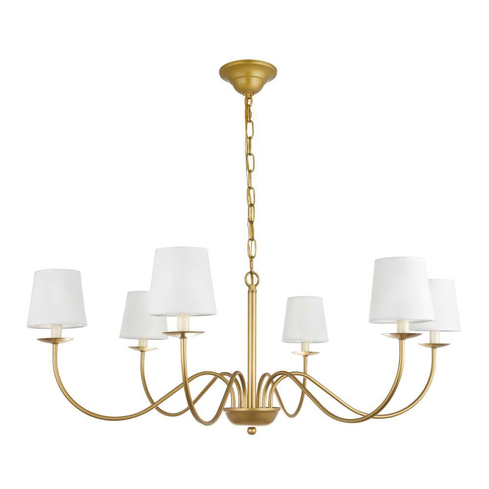 Alt View 4. Living District - Eclipse 6 light Brass and White shade chandelier - Brass And White Shade.