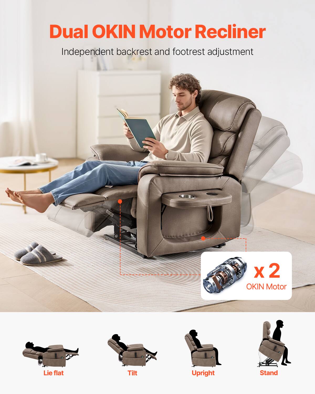 Dual OKIN Motor Recliner  
Independent backrest and footrest adjustment  

x 2 OKIN Motor  

Lie flat  
Tilt  
Upright  
Stand