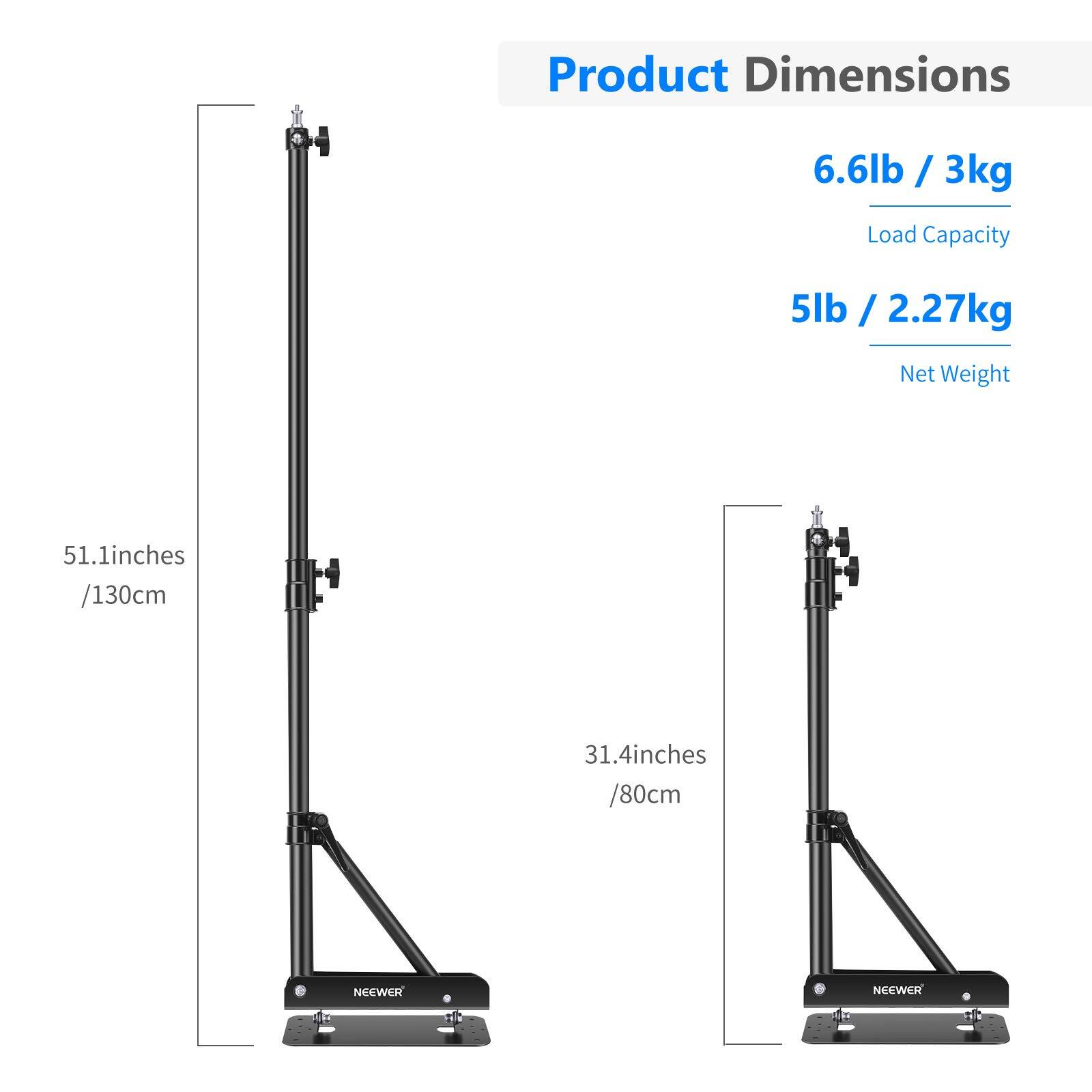 Product Dimensions  
6.6lb / 3kg  
Load Capacity  
5lb / 2.27kg  
Net Weight  
51.1inches / 130cm  
31.4inches / 80cm  

NEEWER