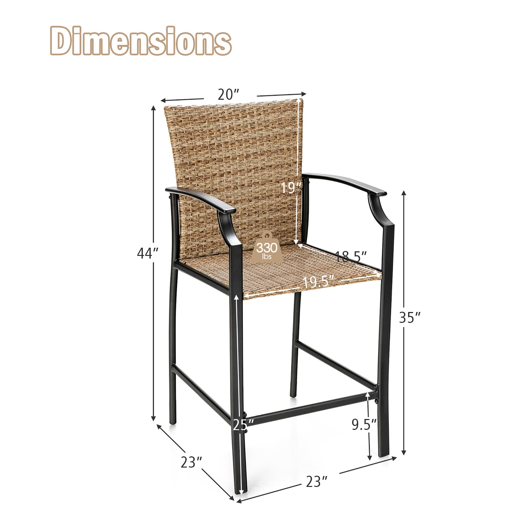 Dimensions: 20" x 19" x 44" (seat height: 18.5", seat depth: 19.5", overall height: 35", seat width: 23", seat depth: 23", arm height: 25", floor to seat: 9.5")