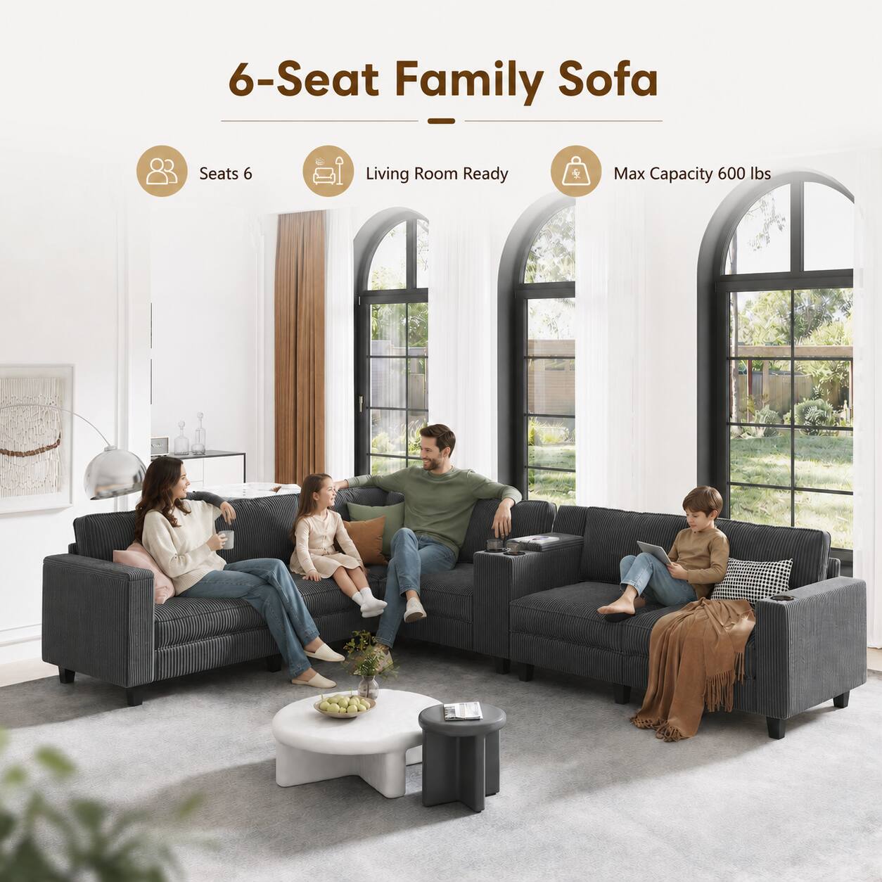 6-Seat Family Sofa - Seats 6 Living Room Ready Max Capacity 600 lbs
